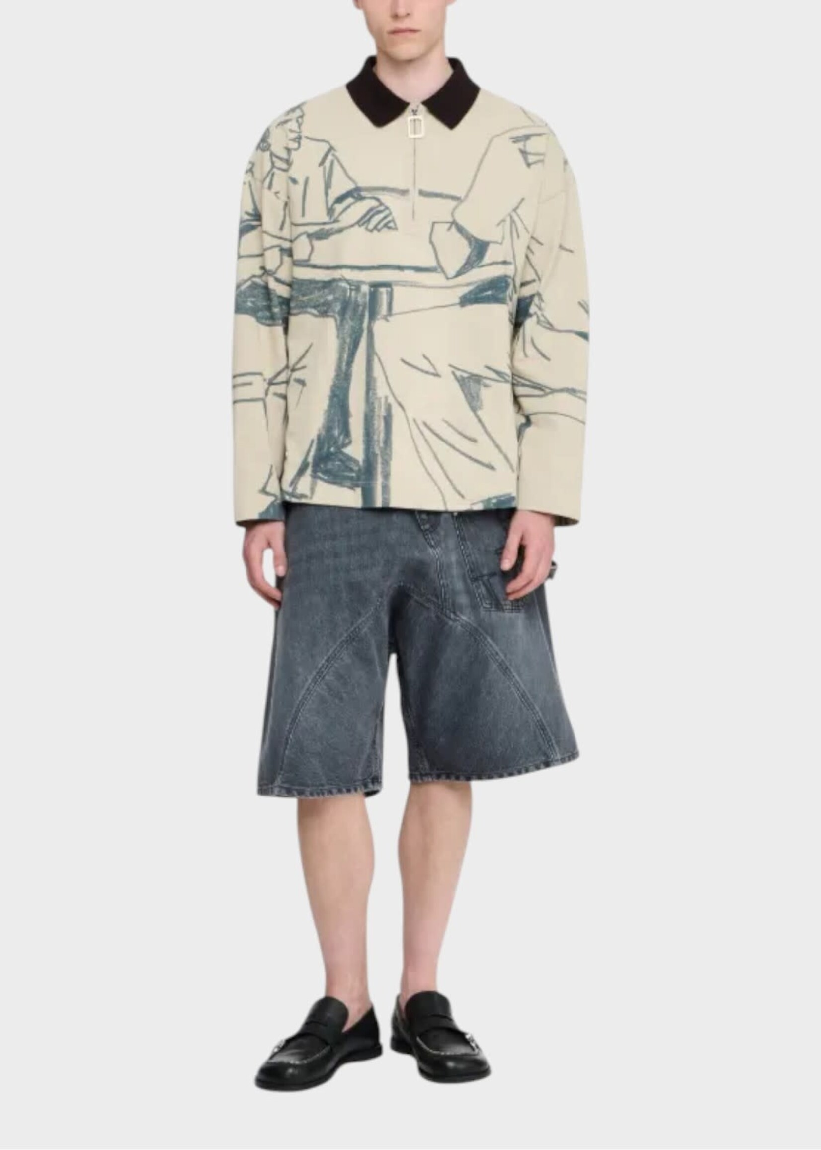 J.W. Anderson J.W. Anderson Polo, Print, Cotton Collared Zipped Long Sleeve Polo In Nougat & Black w/ Rugby Polo Print