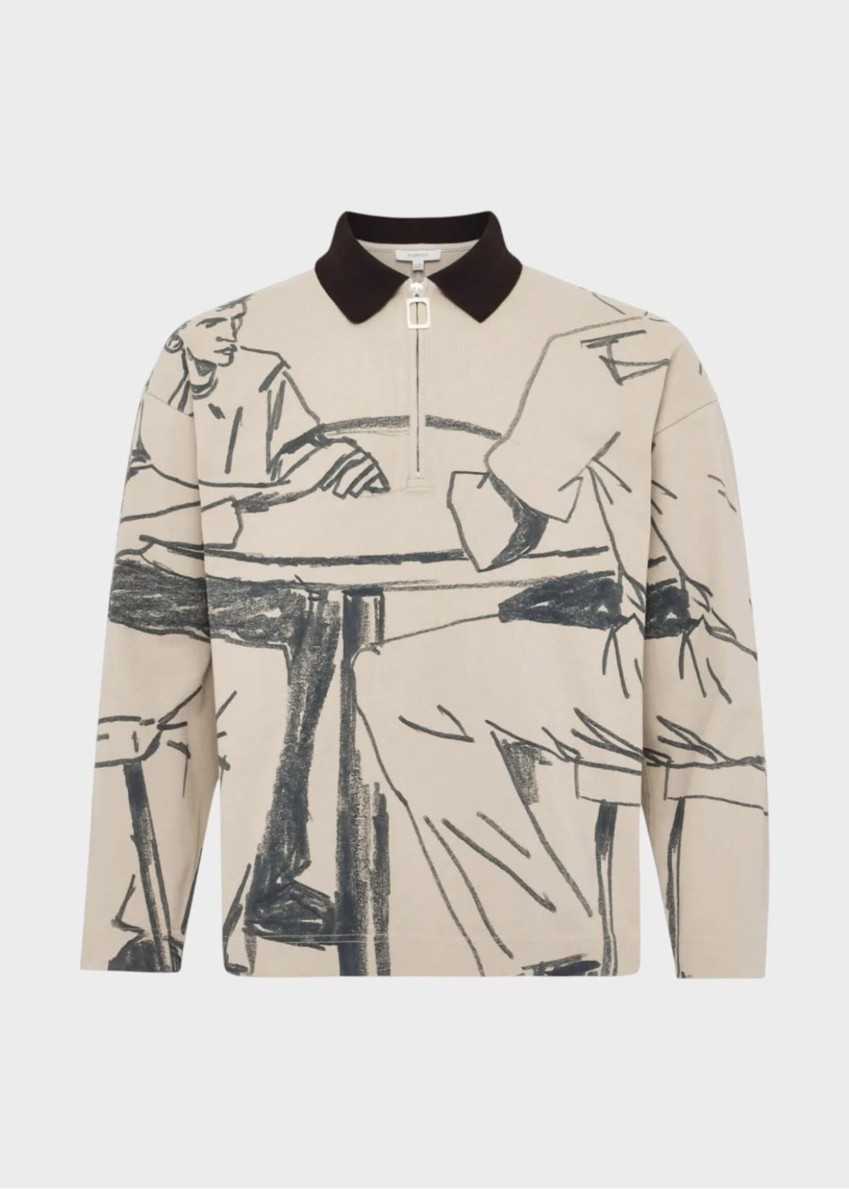 J.W. Anderson J.W. Anderson Polo, Print, Cotton Collared Zipped Long Sleeve Polo In Nougat & Black w/ Rugby Polo Print