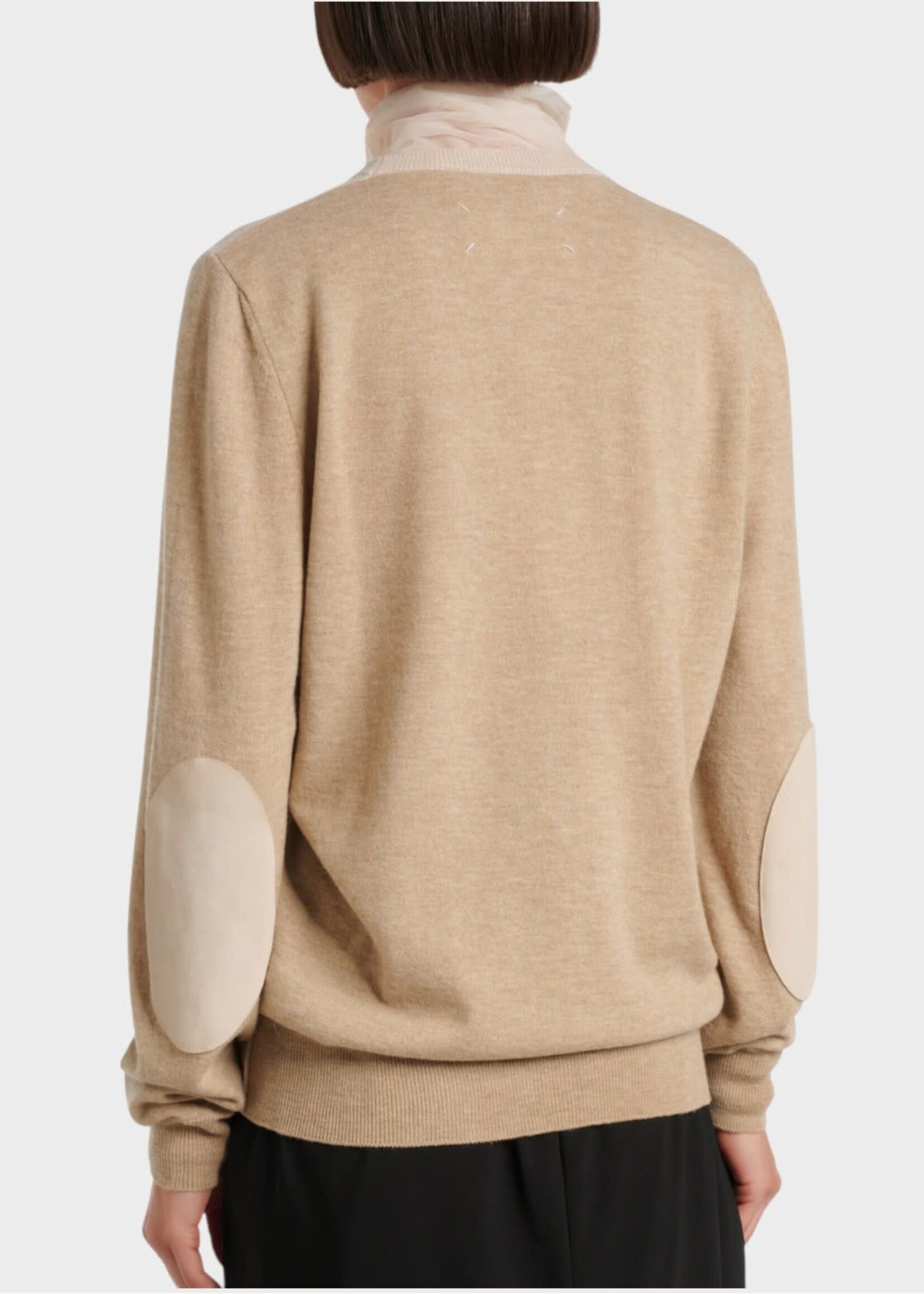 Maison Margiela Maison Margiela Knitwear, Multi, Wool Crew Neck Two Tone Sweater In Beige & Camel w/ Elbow Patches