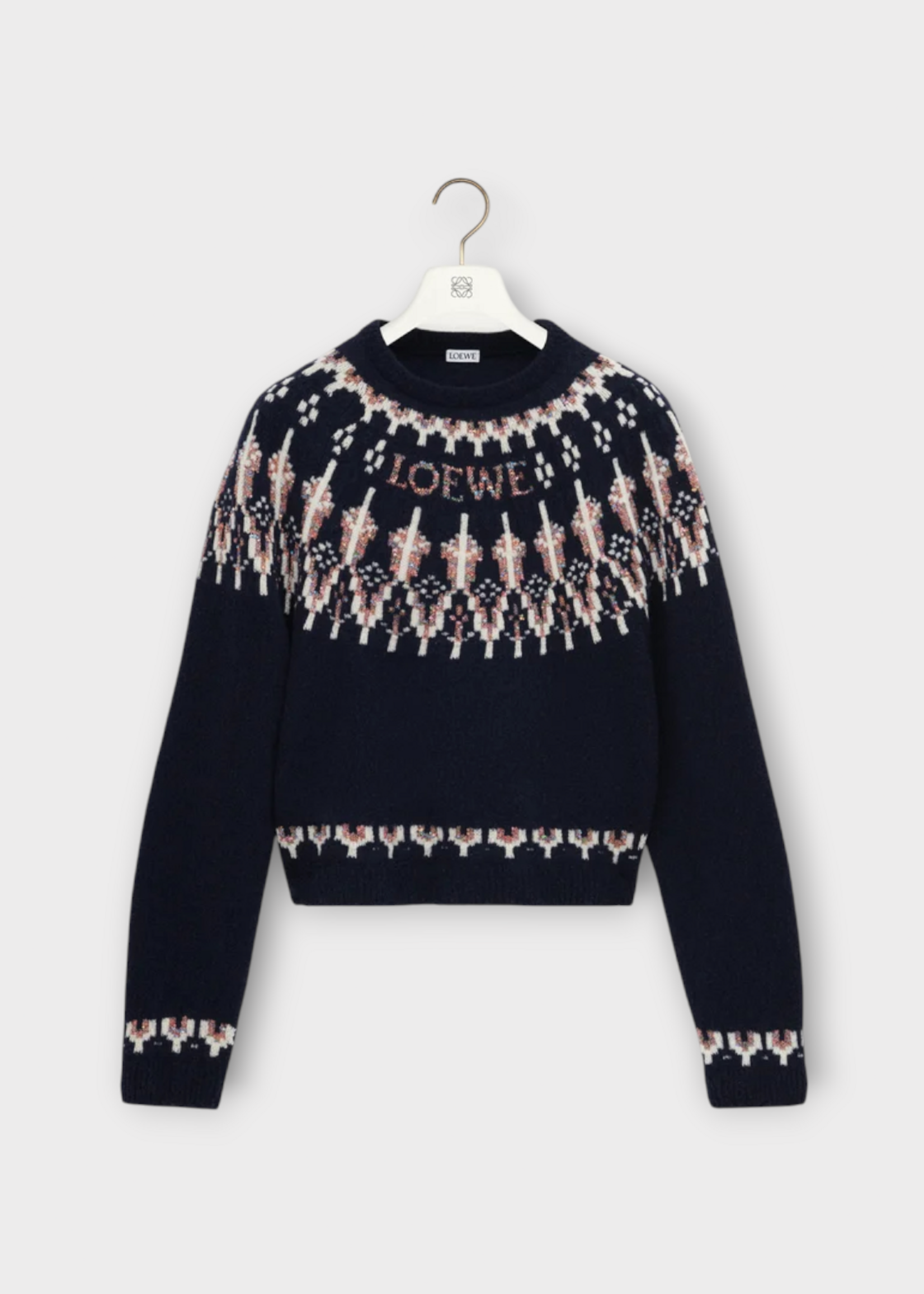 Loewe Loewe Knitwear, Multi, Wool Crew Neck Sequin Embroidered Loewe Logo Sweater In Navy & Multicolor