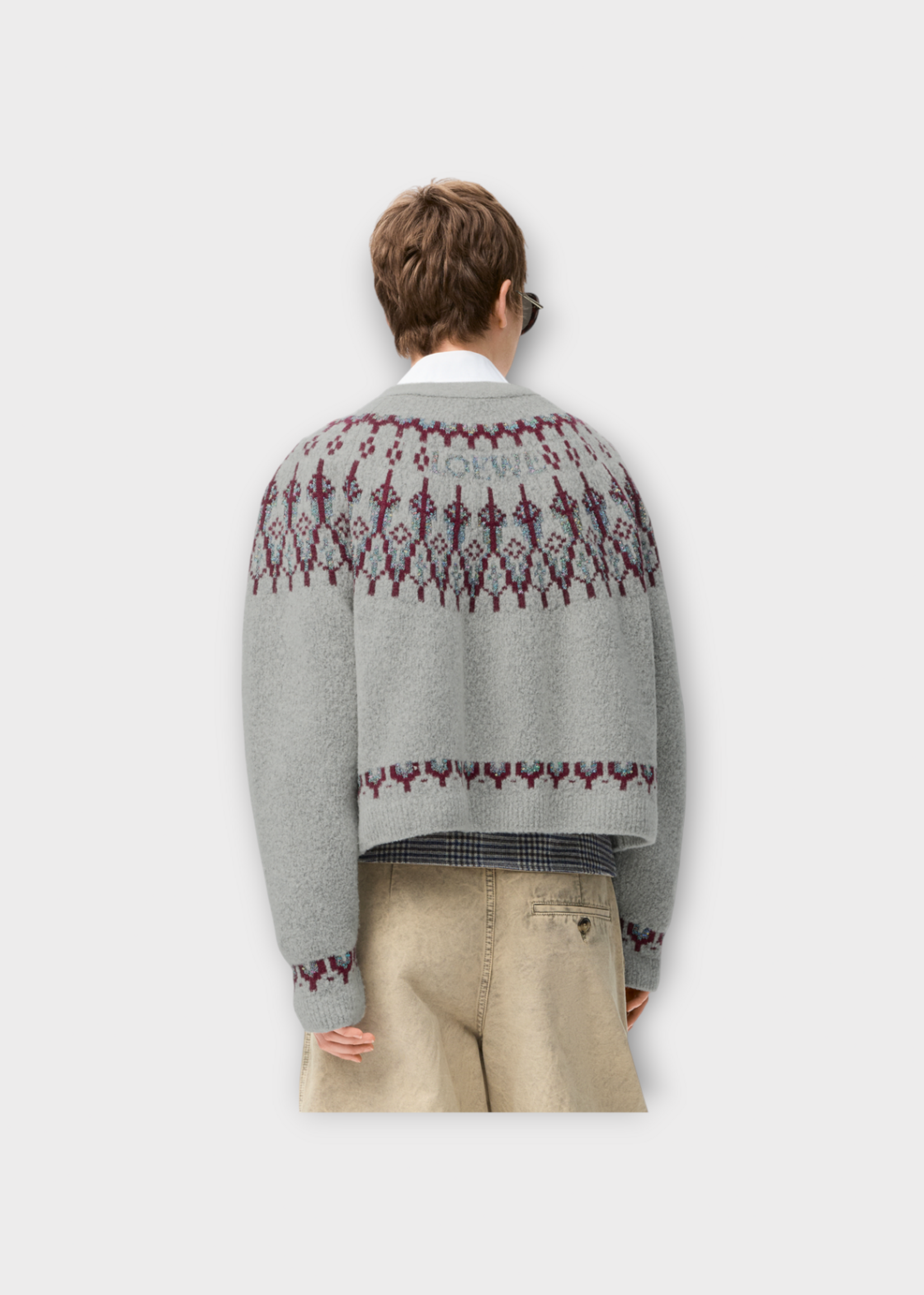 Loewe Loewe Knitwear, Multi, Wool Sequin Embroidered V-Neck Button Up Cardigan In Light Grey & Multicolor