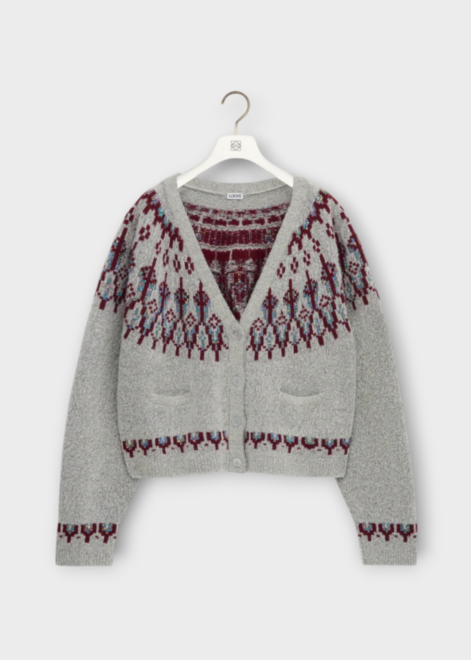 Loewe Loewe Knitwear, Multi, Wool Sequin Embroidered V-Neck Button Up Cardigan In Light Grey & Multicolor