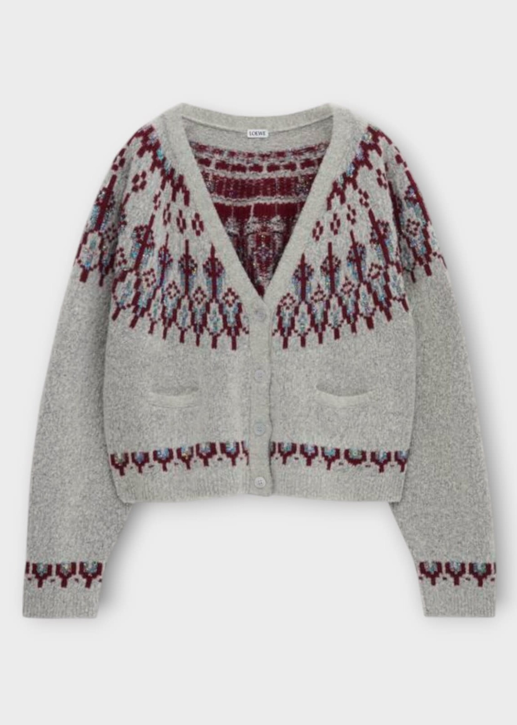 Loewe Loewe Knitwear, Multi, Wool Sequin Embroidered V-Neck Button Up Cardigan In Light Grey & Multicolor