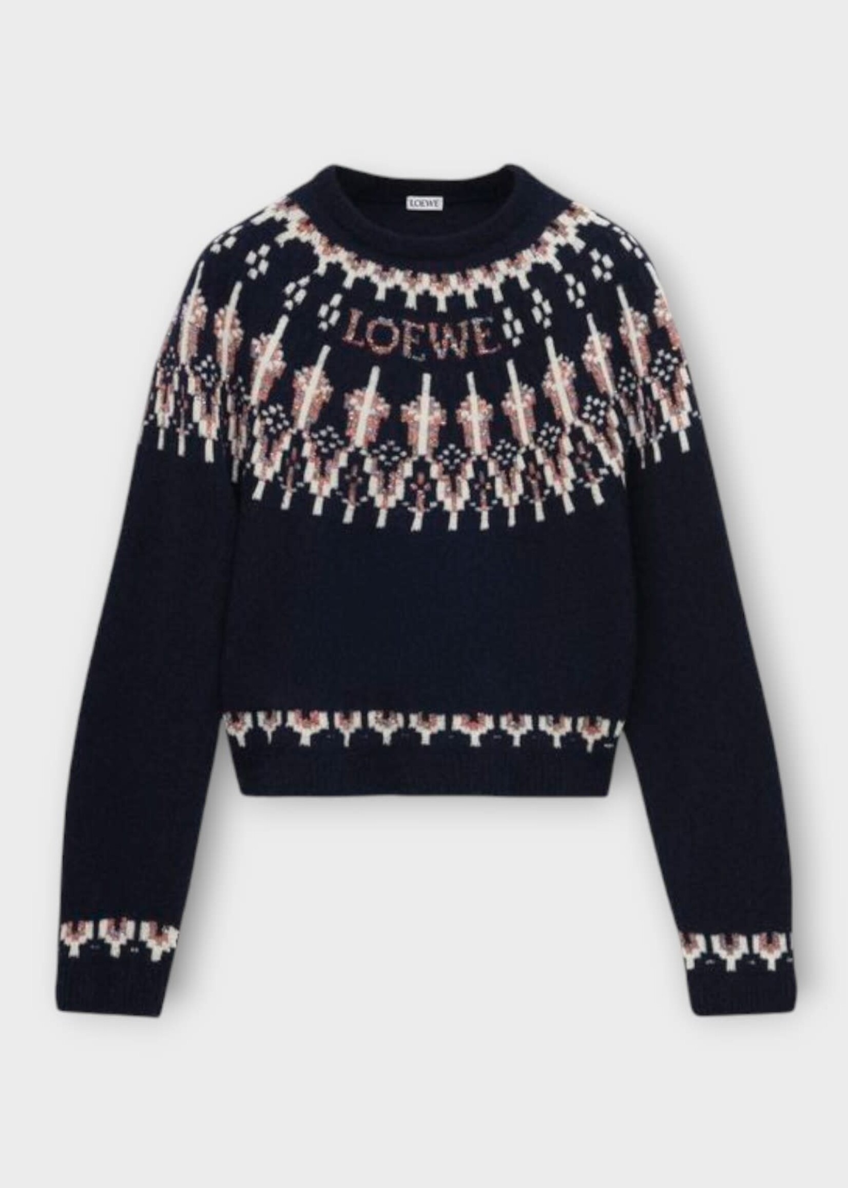 Loewe Loewe Knitwear, Multi, Wool Crew Neck Sequin Embroidered Loewe Logo Sweater In Navy & Multicolor