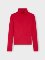 Celine Celine Knitwear, Multi, Wool Turtle Neck Lightweight Knit Pullover In Rouge w/ Navy Embroidery
