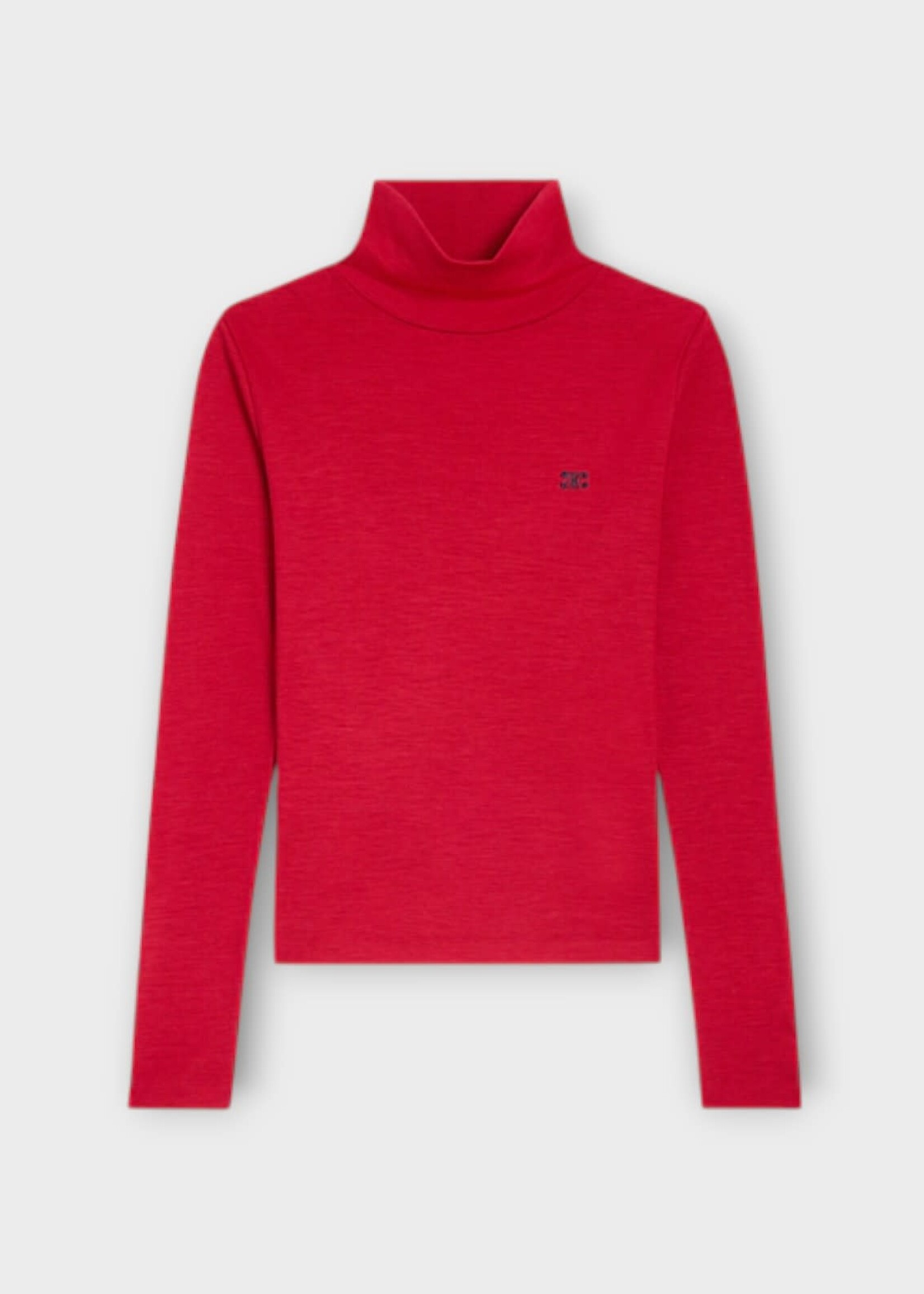 Celine Celine Knitwear, Multi, Wool Turtle Neck Lightweight Knit Pullover In Rouge w/ Navy Embroidery