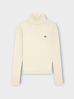 Celine Celine Knitwear, Multi, Wool Turtle Neck Lightweight Knit Pullover In Cream w/ Navy Embroidery