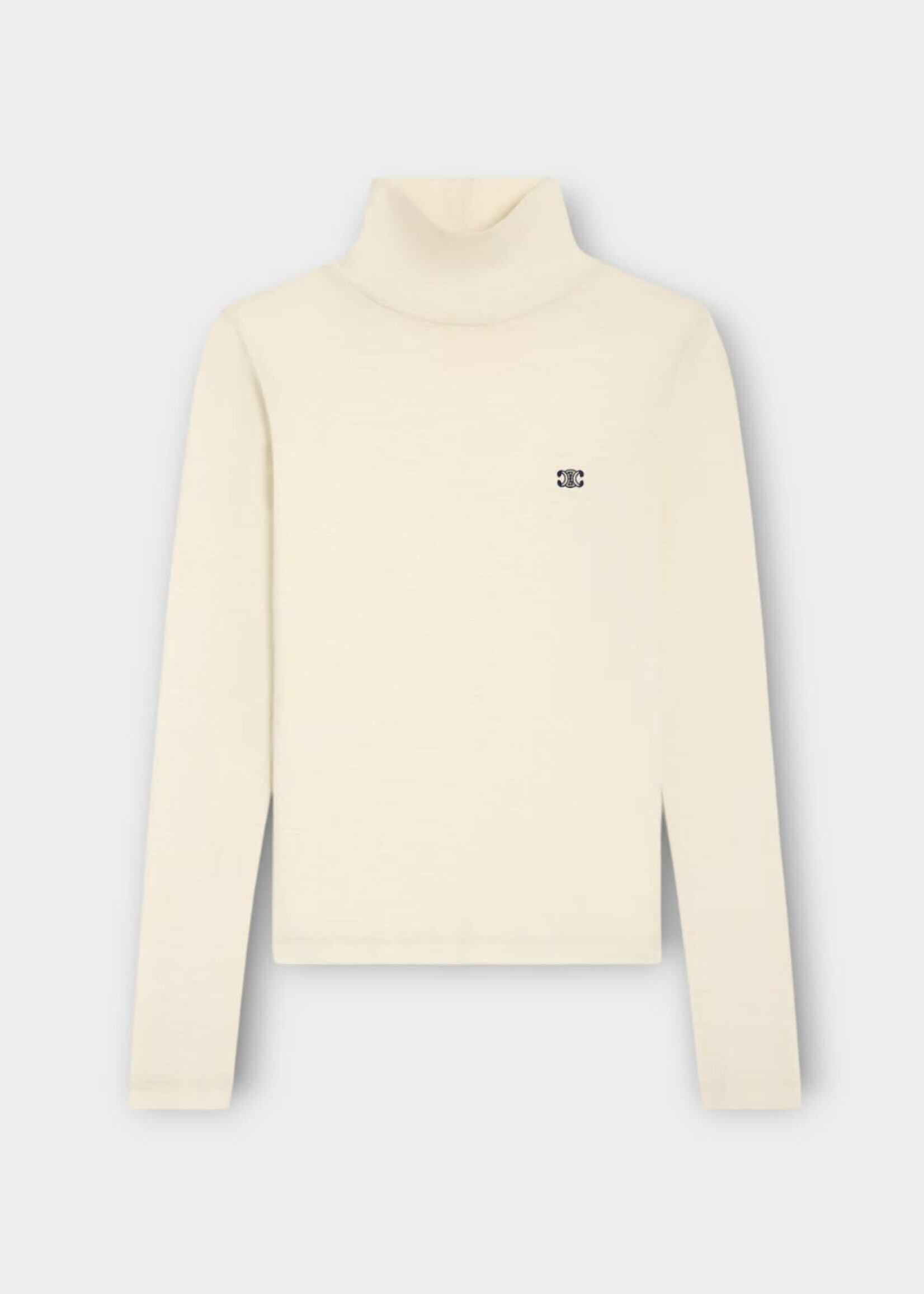 Celine Celine Knitwear, Multi, Wool Turtle Neck Lightweight Knit Pullover In Cream w/ Navy Embroidery