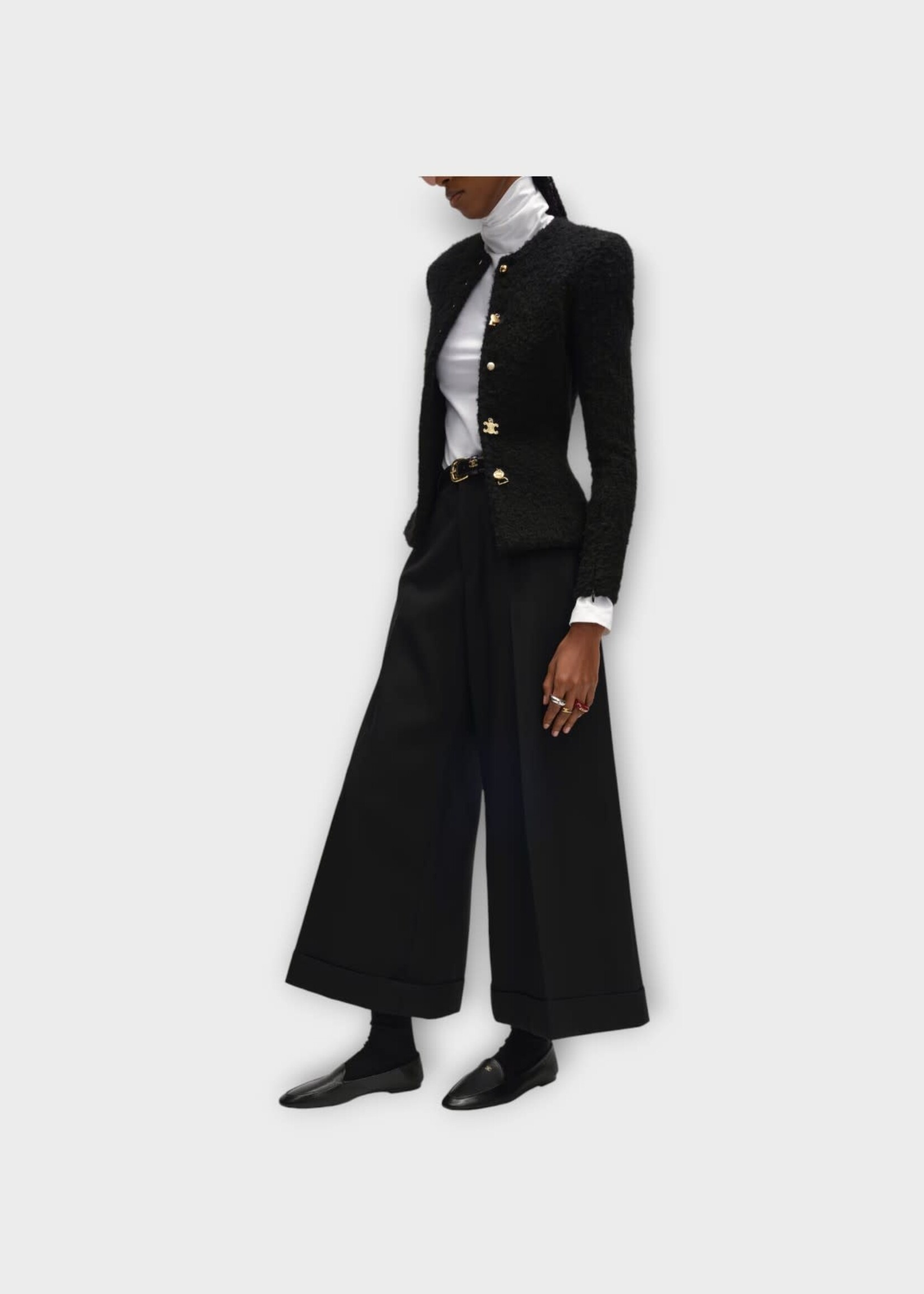 Celine Celine Trousers, Black, Wool Wide Leg Docks Cropped Pants w/ Pleats
