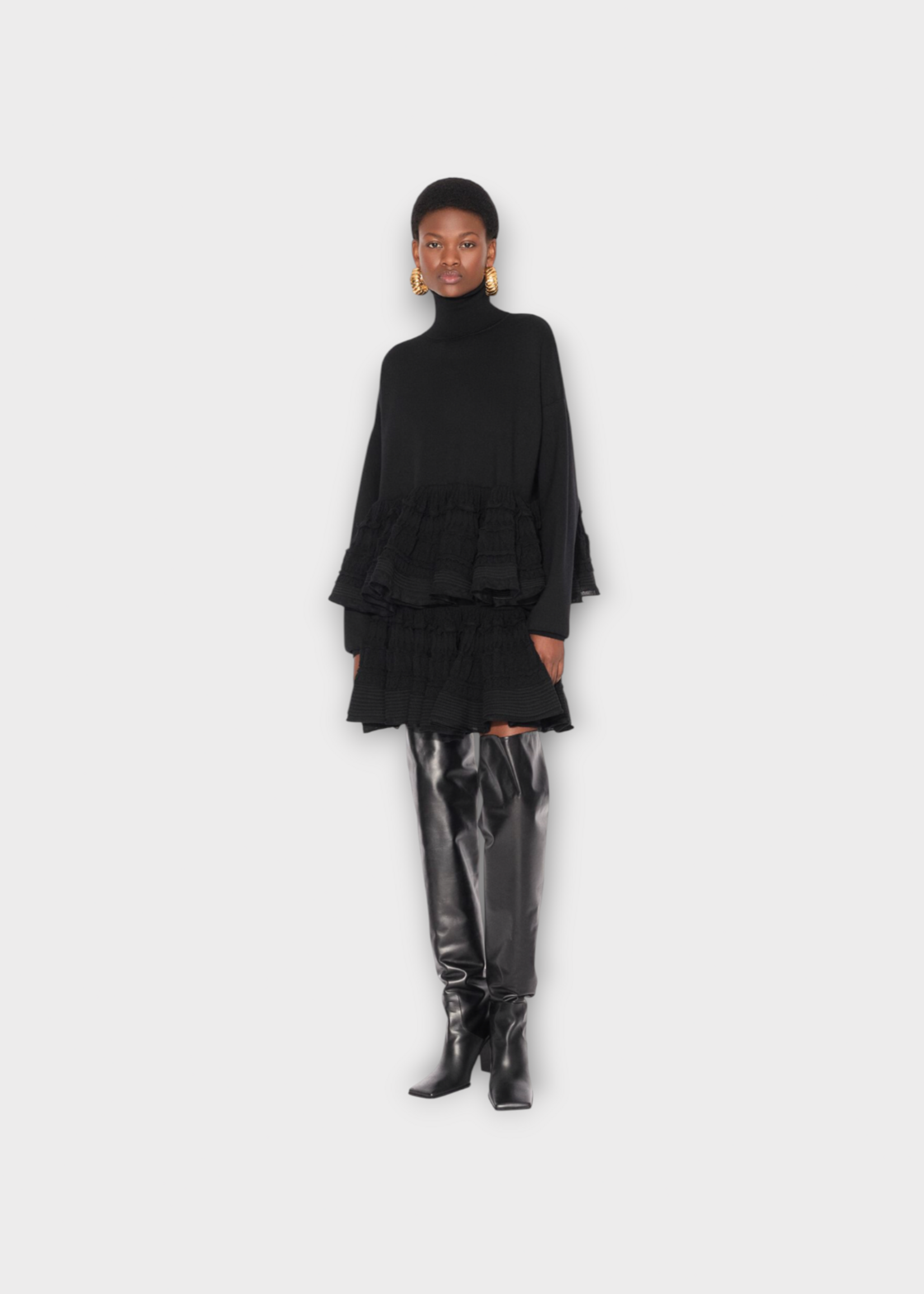 Alaia Alaia Knitwear, Black, Wool Turtle Neck Peplum Crinoline Ruffled Pullover