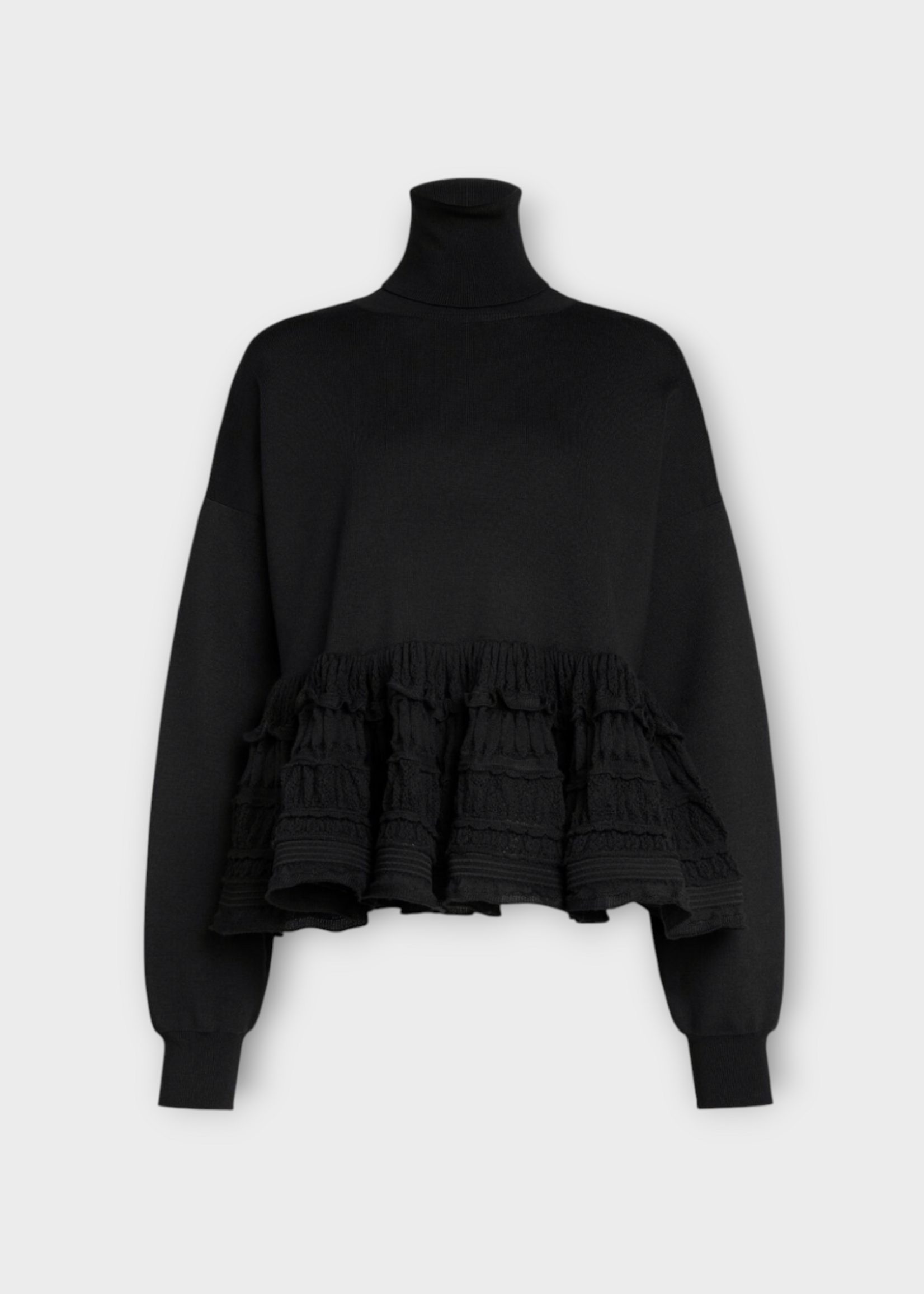 Alaia Alaia Knitwear, Black, Wool Turtle Neck Peplum Crinoline Ruffled Pullover