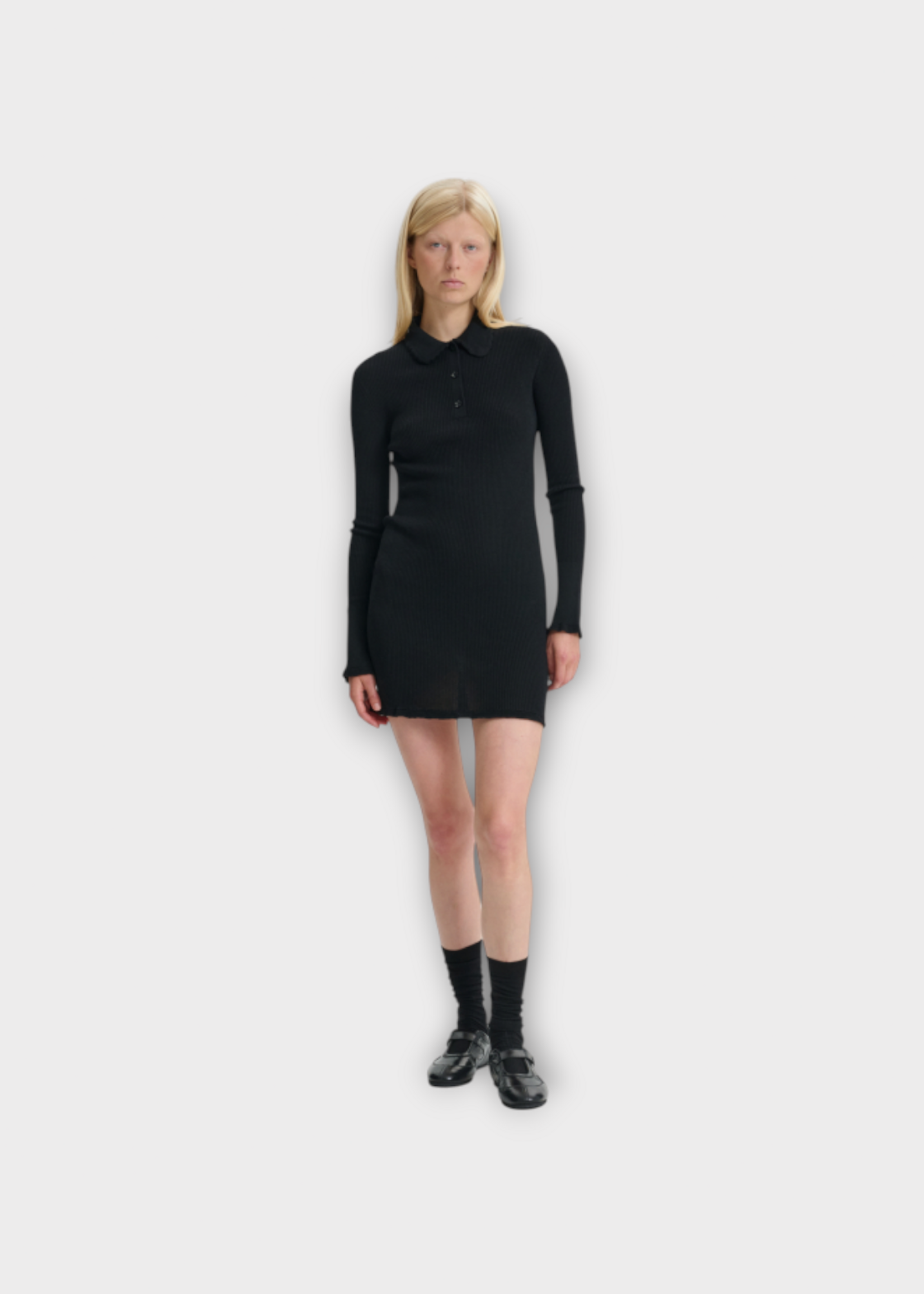 Cecilie Bahnsen Cecilie Bahnsen Knitwear, Black, Botka Merino Collared Long Sleeve Ribbed Knit Dress
