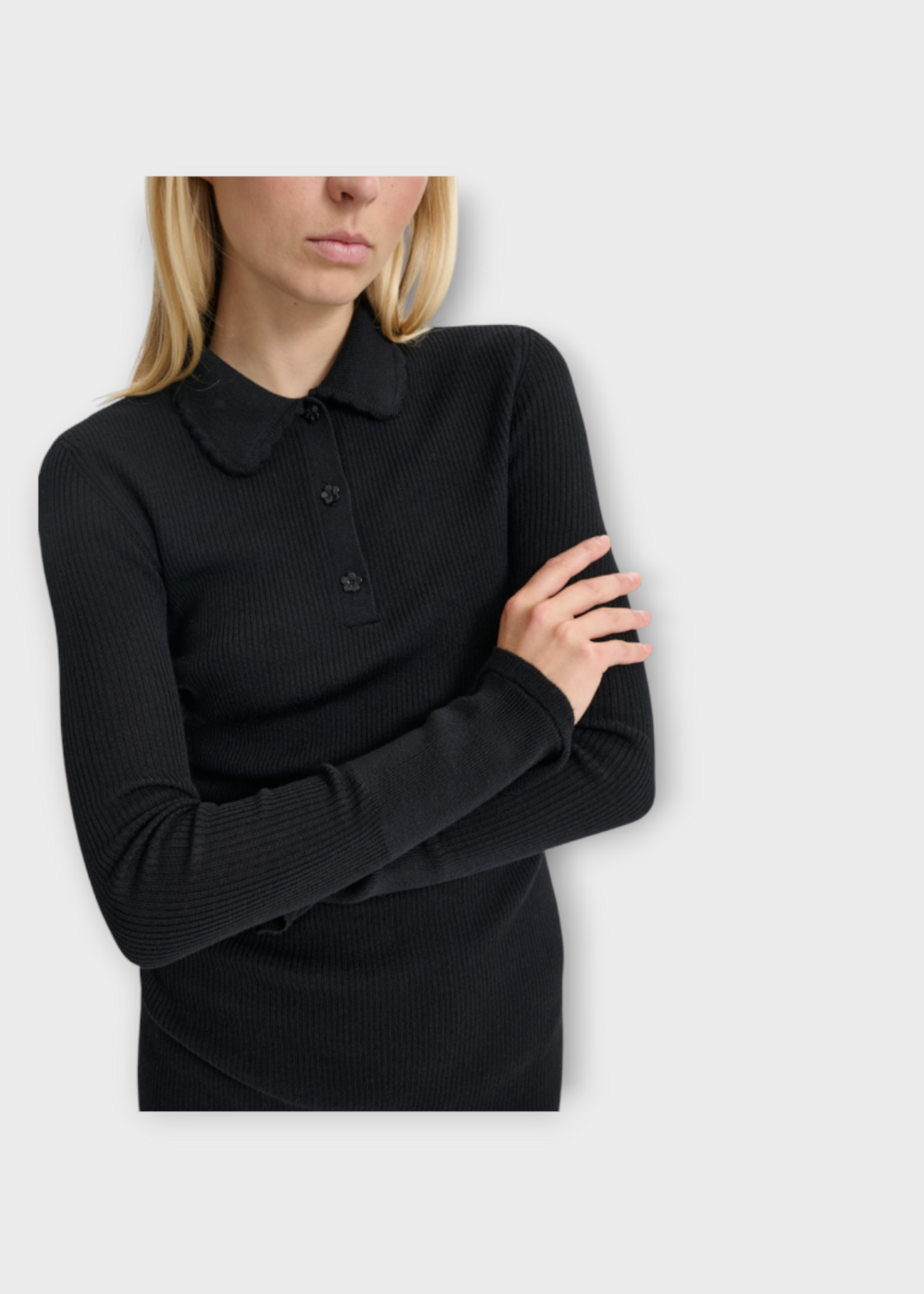 Cecilie Bahnsen Cecilie Bahnsen Knitwear, Black, Botka Merino Collared Long Sleeve Ribbed Knit Dress