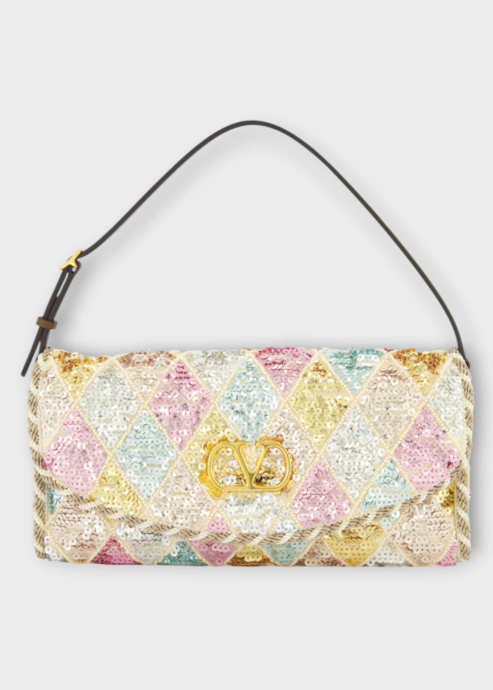 Valentino Valentino Bag, Multi, DeVain Small Shoulder Bag In Multicolour Tabak Brown & Butter w/ Rhombelle Embroidery