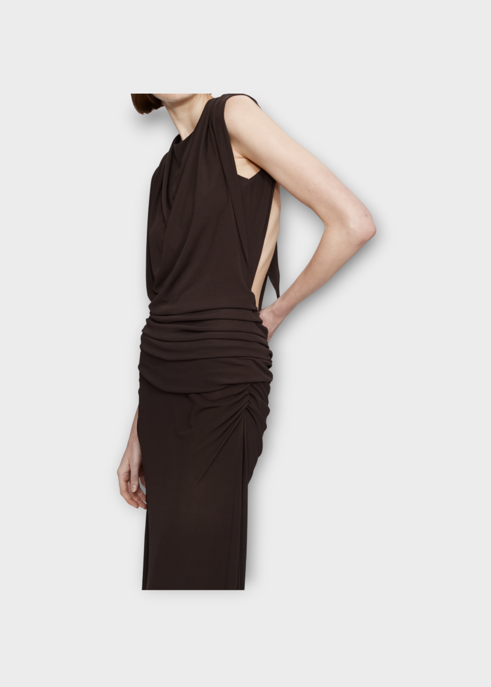 Christopher Esber Christopher Esber Dress, Brown, Jersey Long Sleeve Ruffled Fluted Drape Gown In Umber