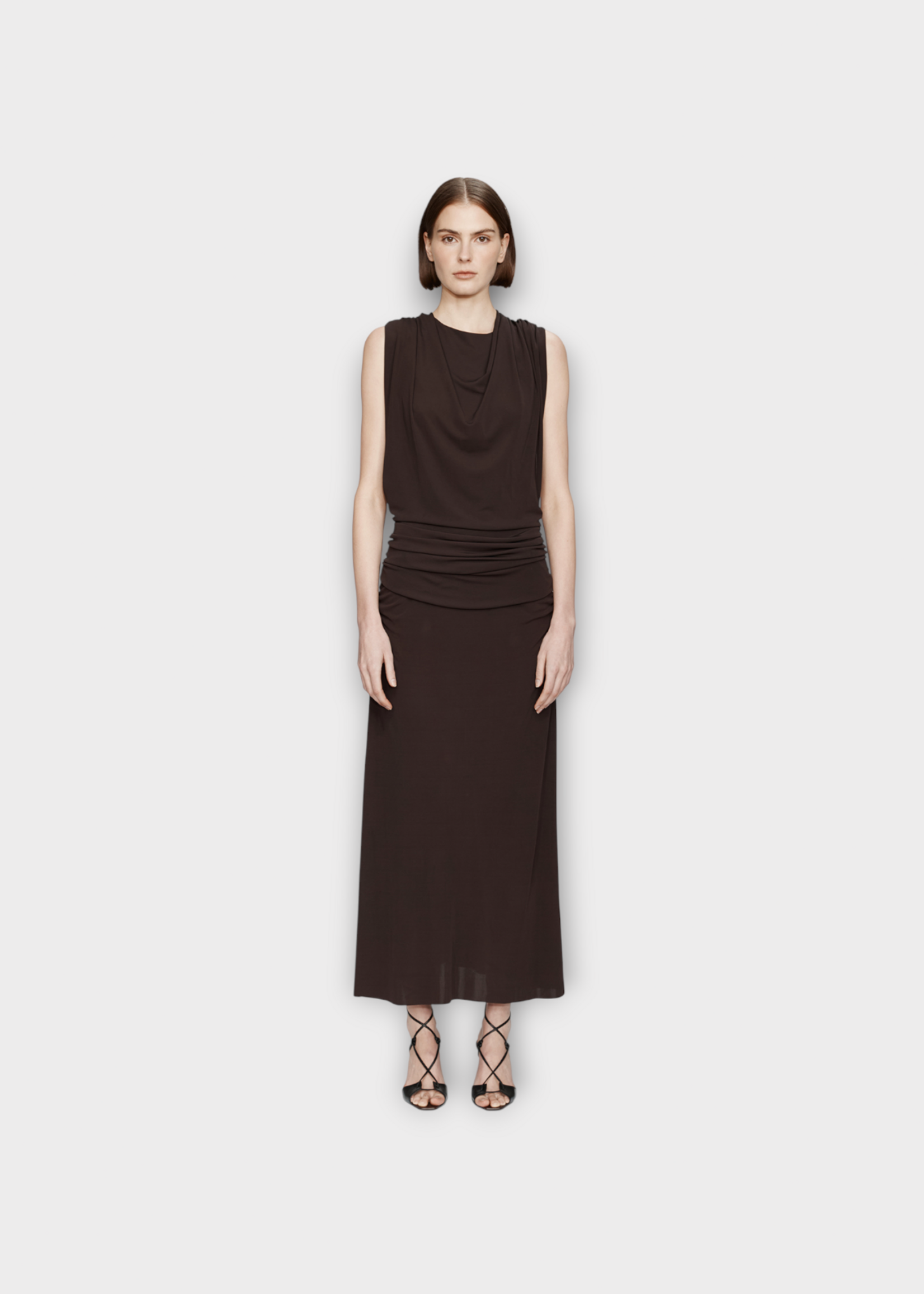 Christopher Esber Christopher Esber Dress, Brown, Jersey Long Sleeve Ruffled Fluted Drape Gown In Umber