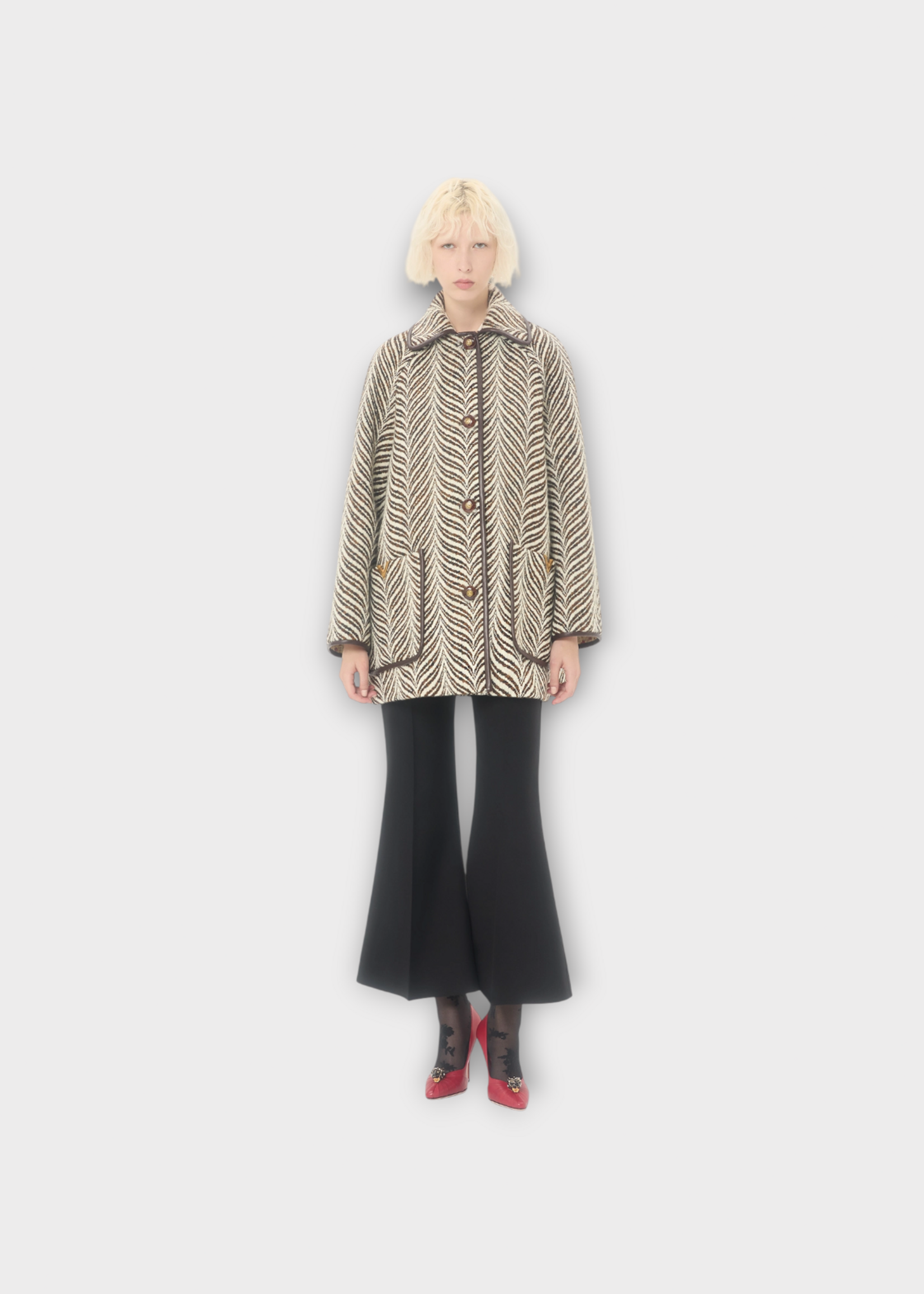 Valentino Valentino Coat, Multi, Wool Mix Mossi Collared Animalier Caban In Ivory & Brown