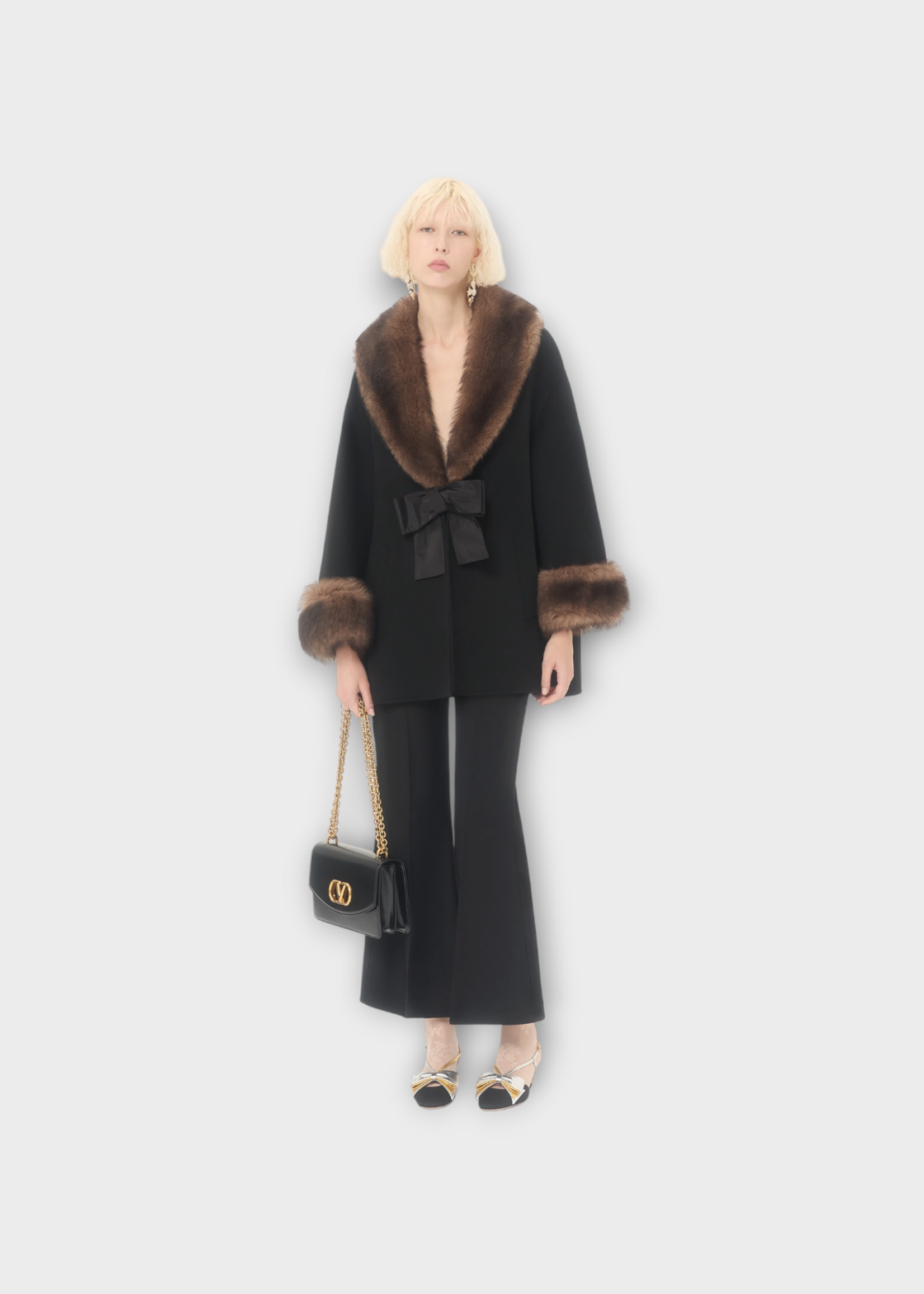 Valentino Valentino Coat, Black, Wool & Cashmere Solid Caban In Black w/ Fur & Bow Details