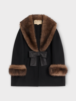 Valentino Valentino Coat, Black, Wool & Cashmere Solid Caban In Black w/ Fur & Bow Details