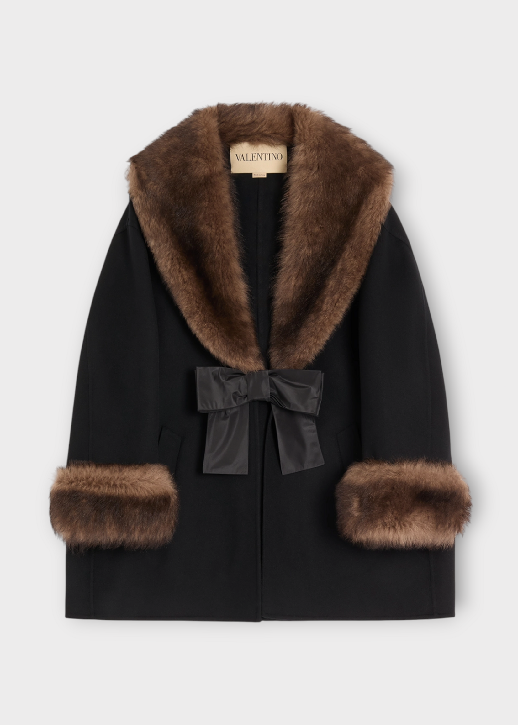 Valentino Valentino Coat, Black, Wool & Cashmere Solid Caban In Black w/ Fur & Bow Details