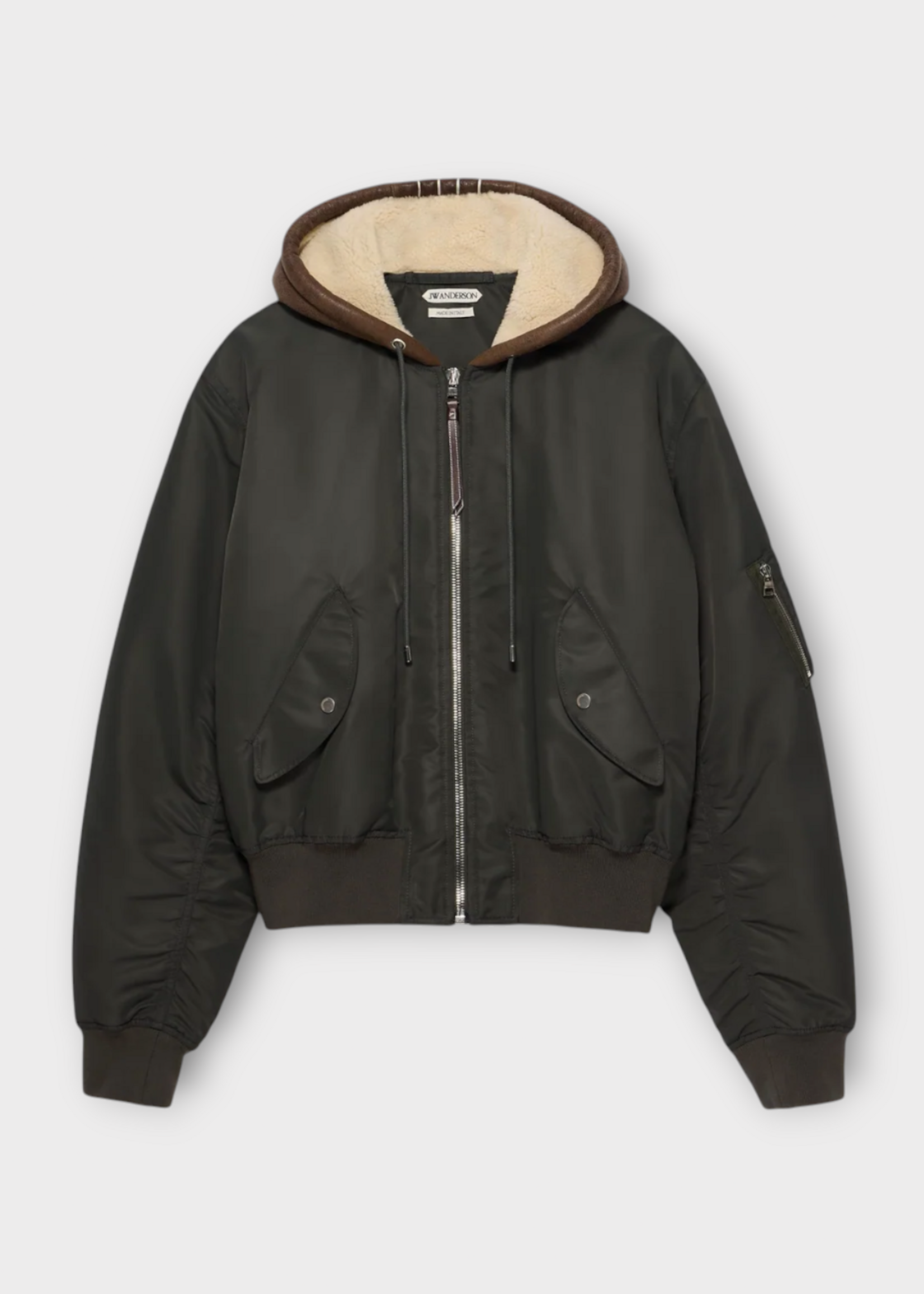 J.W. Anderson J.W.Anderson Jacket, Green, Nylon Hooded Bomber Jacket In Dark Khaki