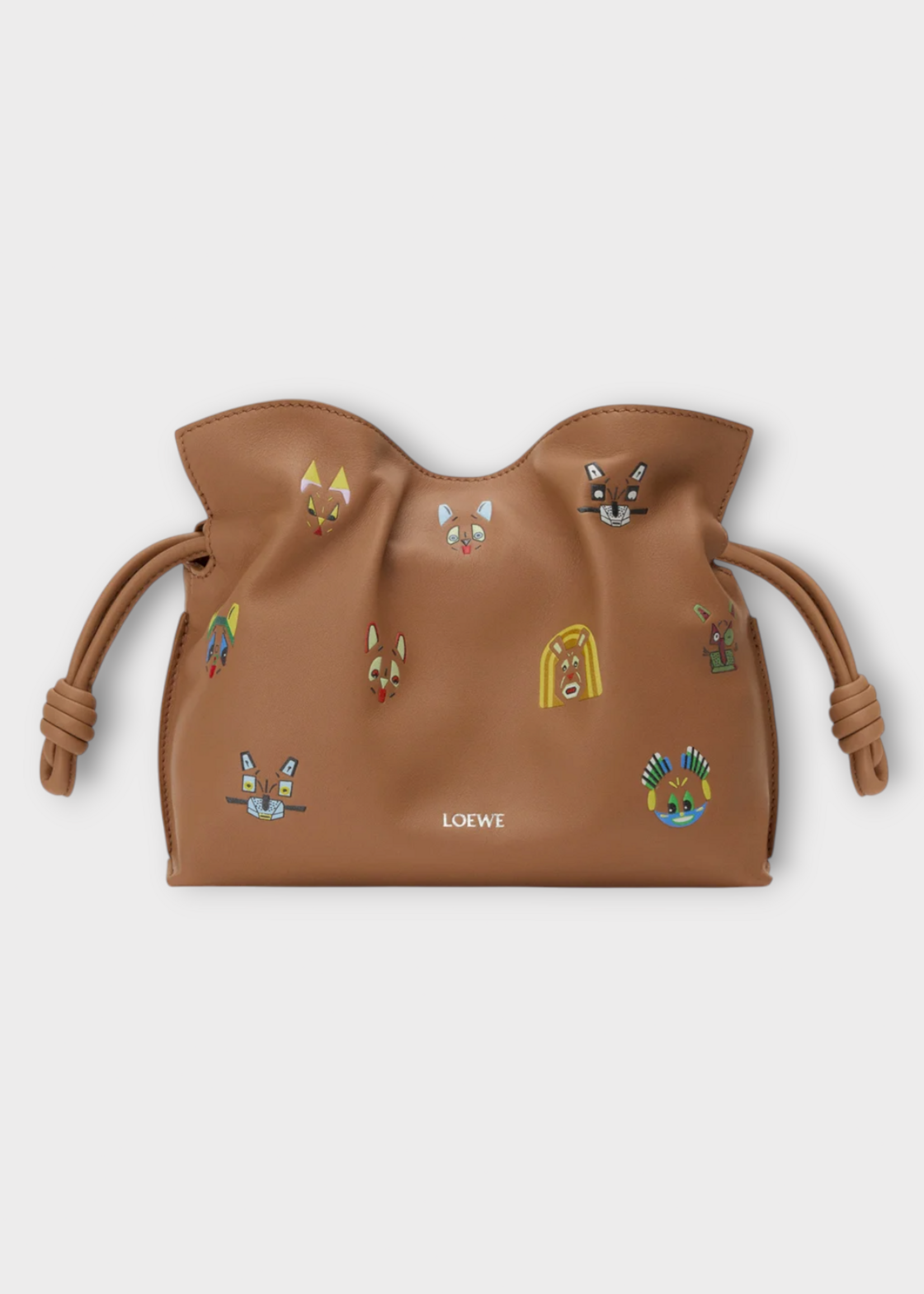 Loewe Loewe Bag, Brown, Mini Flamenco Leather Clutch Bag in Mocha w/ Cat Print x Louis Wain