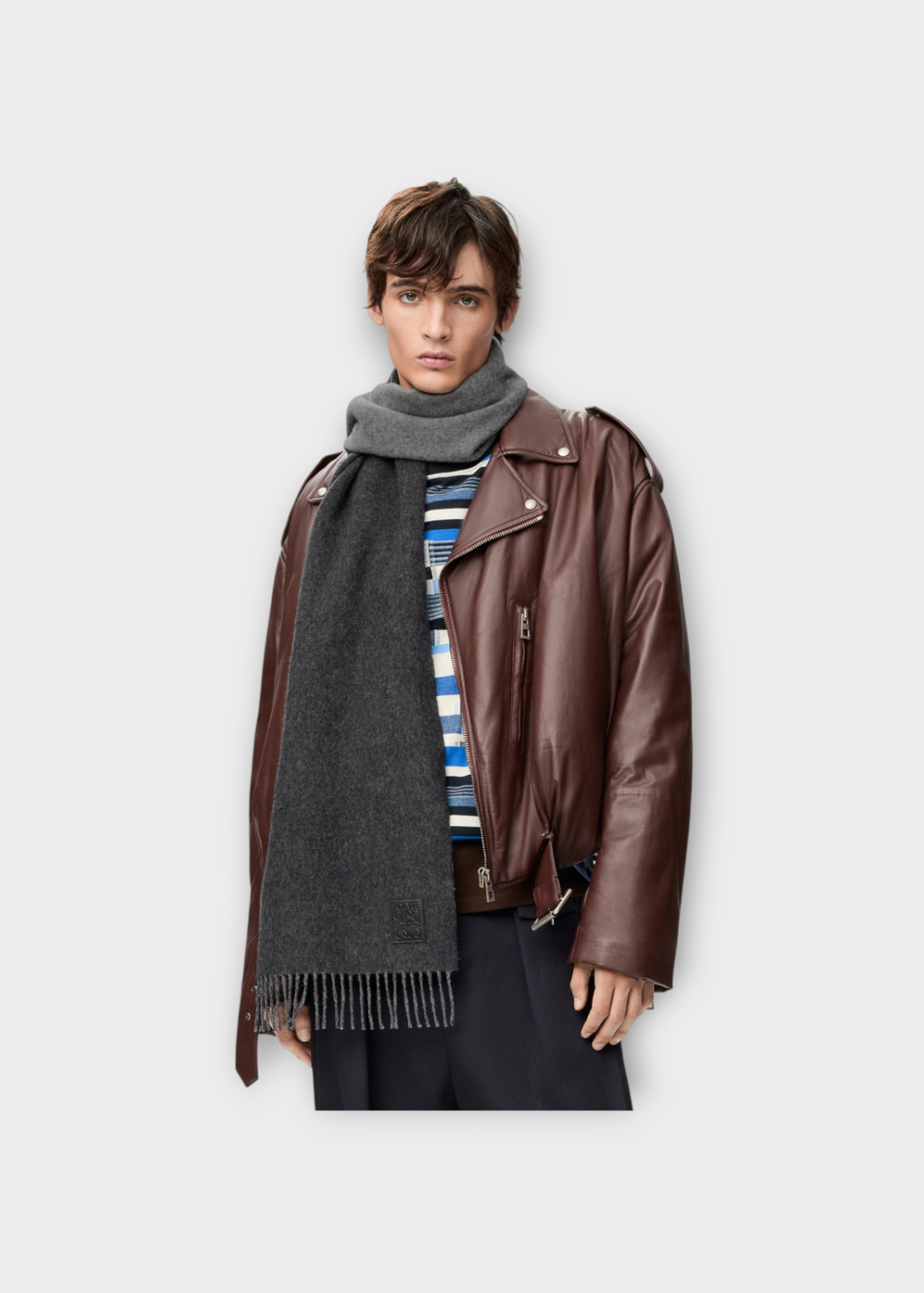 Loewe Loewe Scarf, Multi, Wool & Cashmere 28X180 Fringed Scarf In Black & Grey