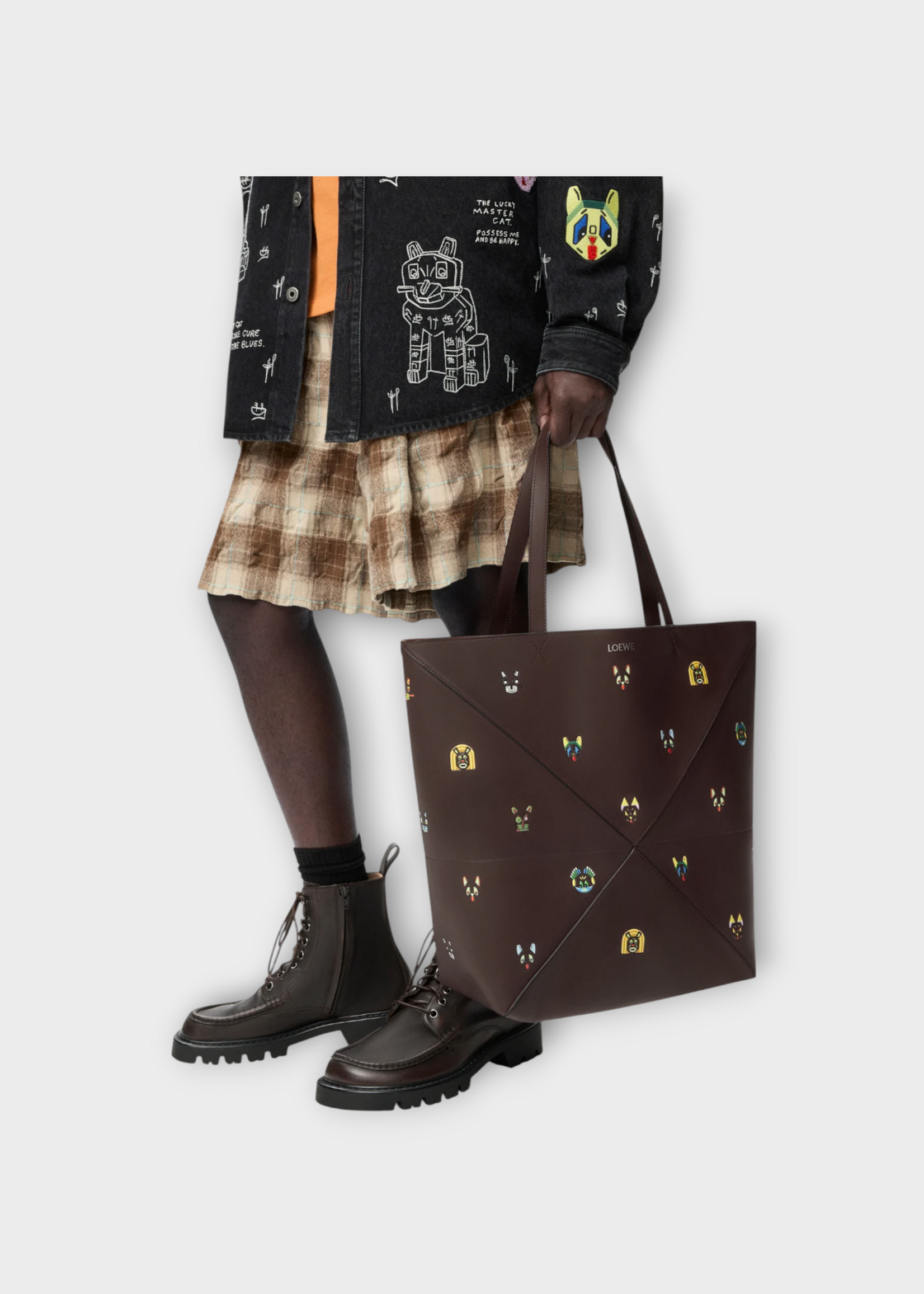 Loewe Loewe Bag, Brown, Puzzle Fold Tote XL Shoulder Bag in Brown w/ Cat Print x Louis Wain