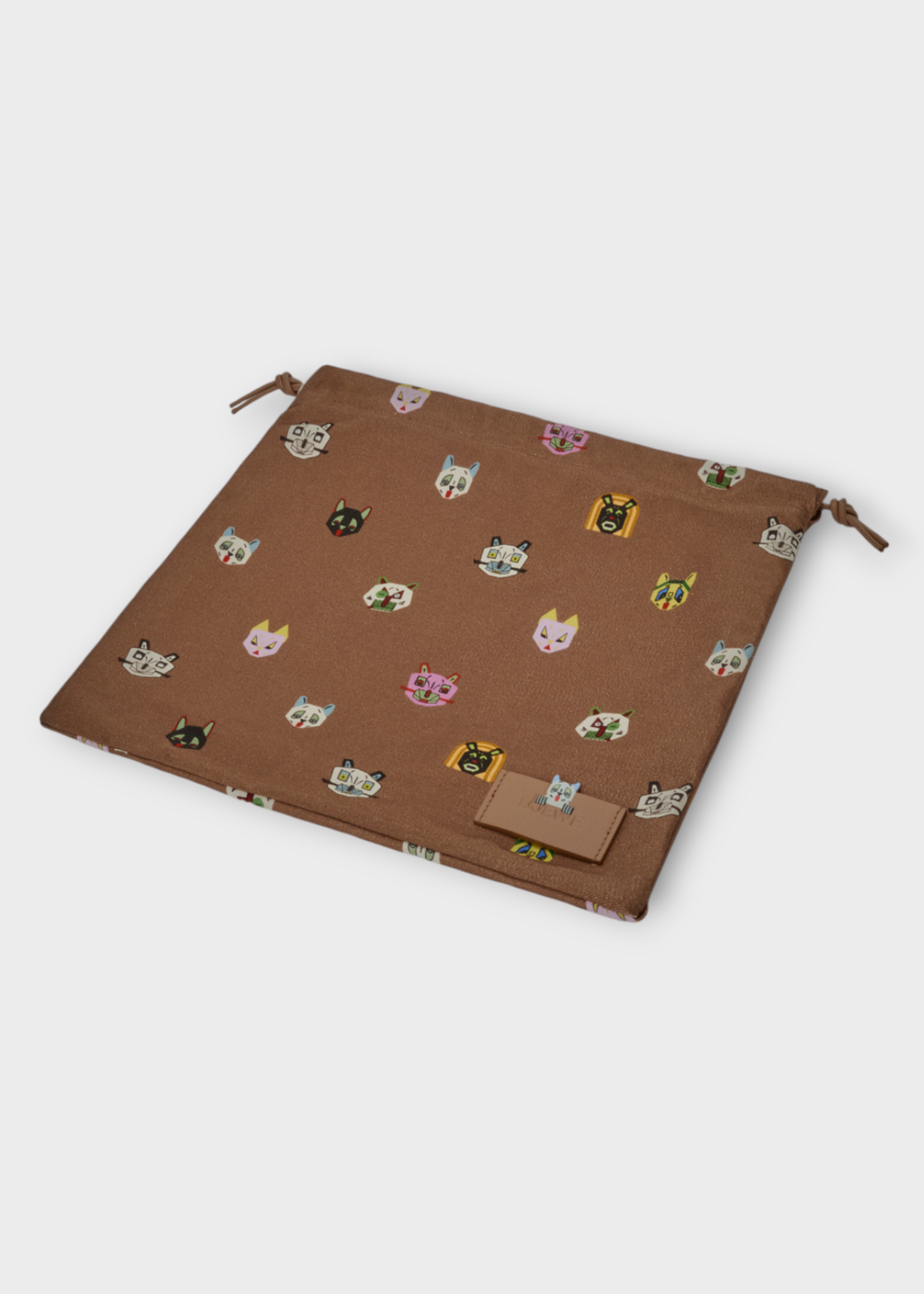 Loewe Loewe Bag, Brown, Cotton Drawstring Pouch In Mocha w/ Cat Print x Louis Wain