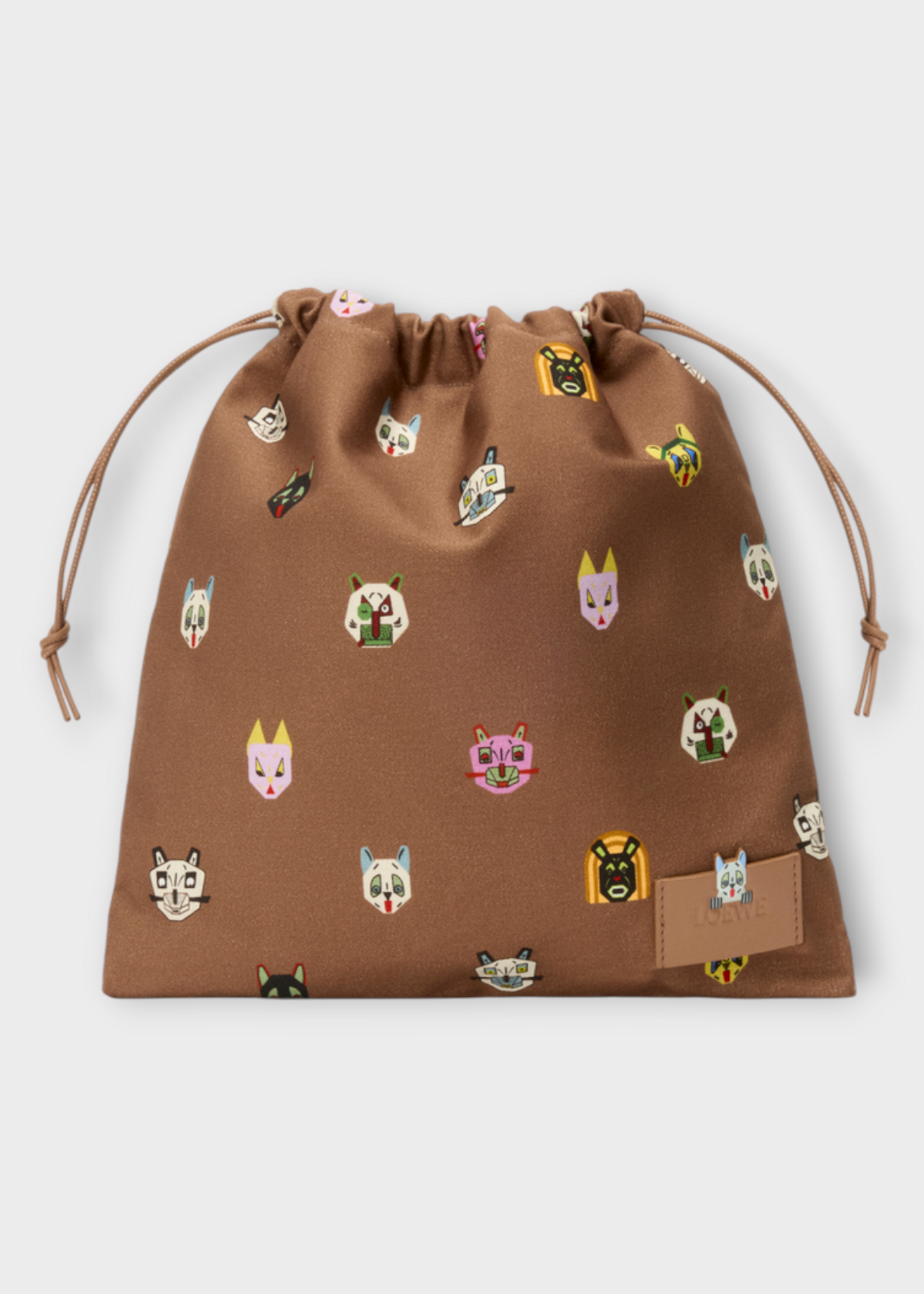 Loewe Loewe Bag, Brown, Cotton Drawstring Pouch In Mocha w/ Cat Print x Louis Wain