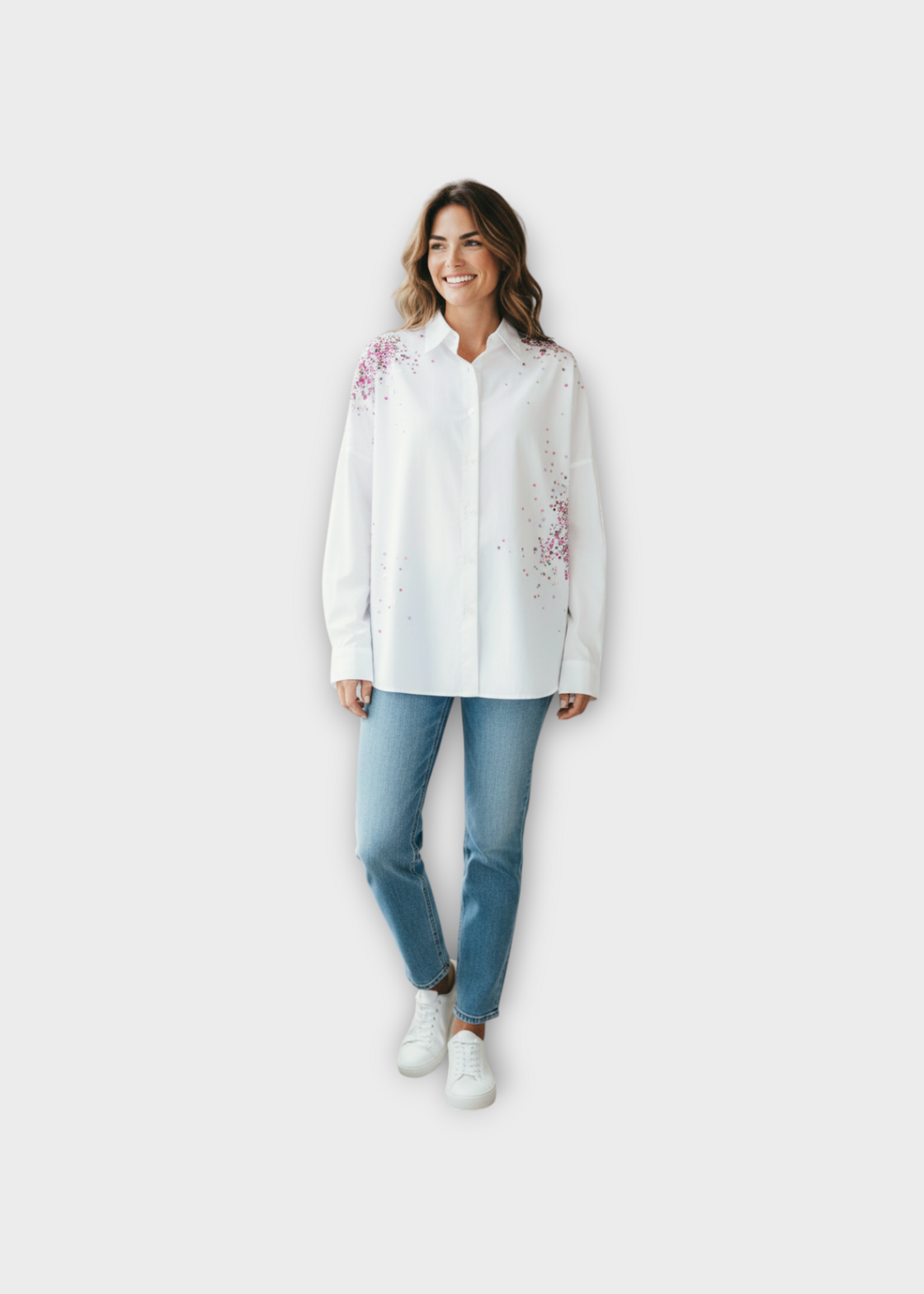 Dries Van Noten Dries Van Noten Shirt, White, Casia Red Sequin Embroidered Oversized Shirt