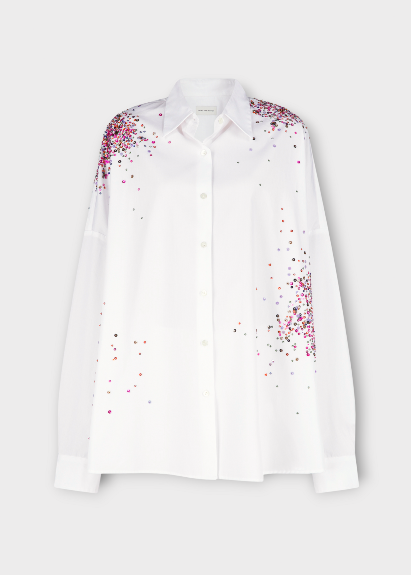 Dries Van Noten Dries Van Noten Shirt, White, Casia Red Sequin Embroidered Oversized Shirt