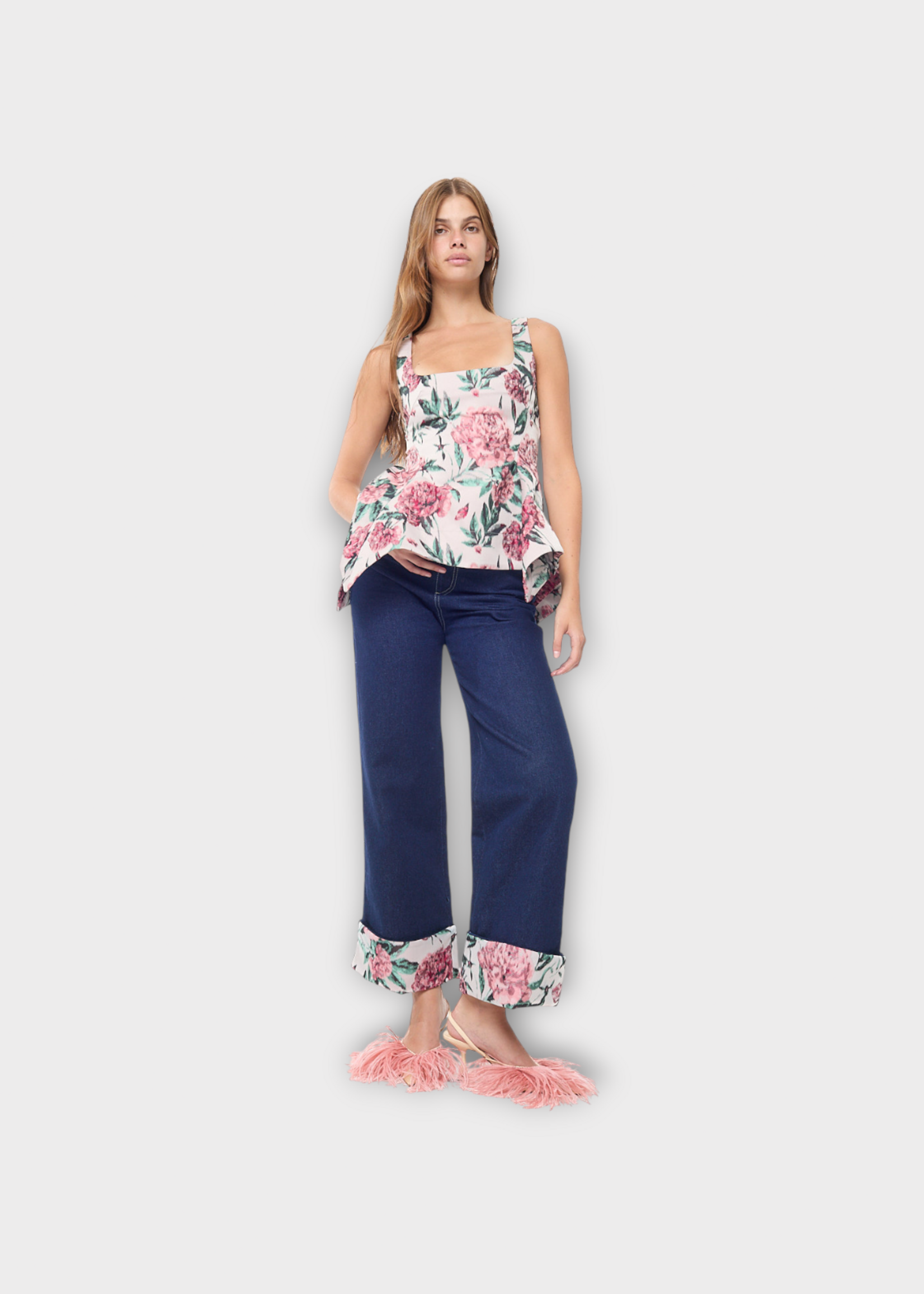 Marques' Almeida Marques' Almeida Jeans, Blue, Cotton High Waist Straight Leg Denim Pants In Blue w/ Brocade Turn Up