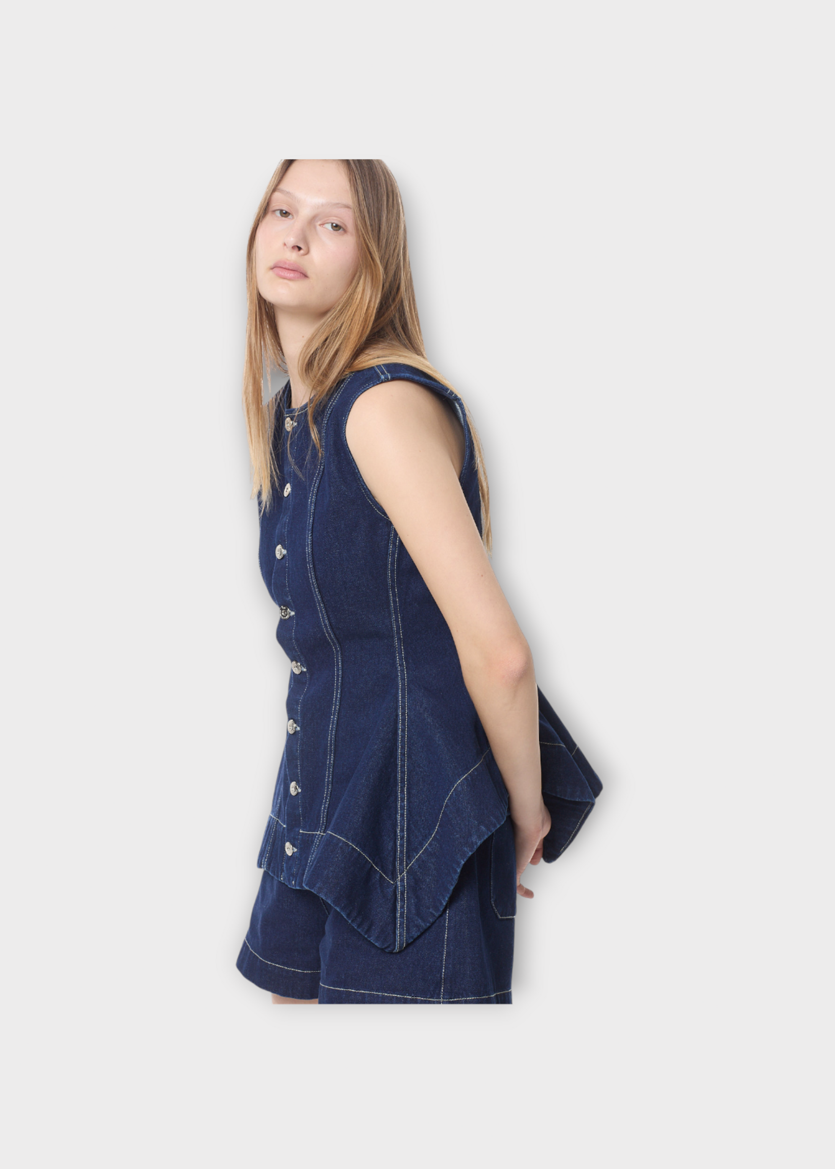 Marques' Almeida Marques' Almeida Top, Blue, Cotton Denim Sleeveless Peplum Vest In Blue