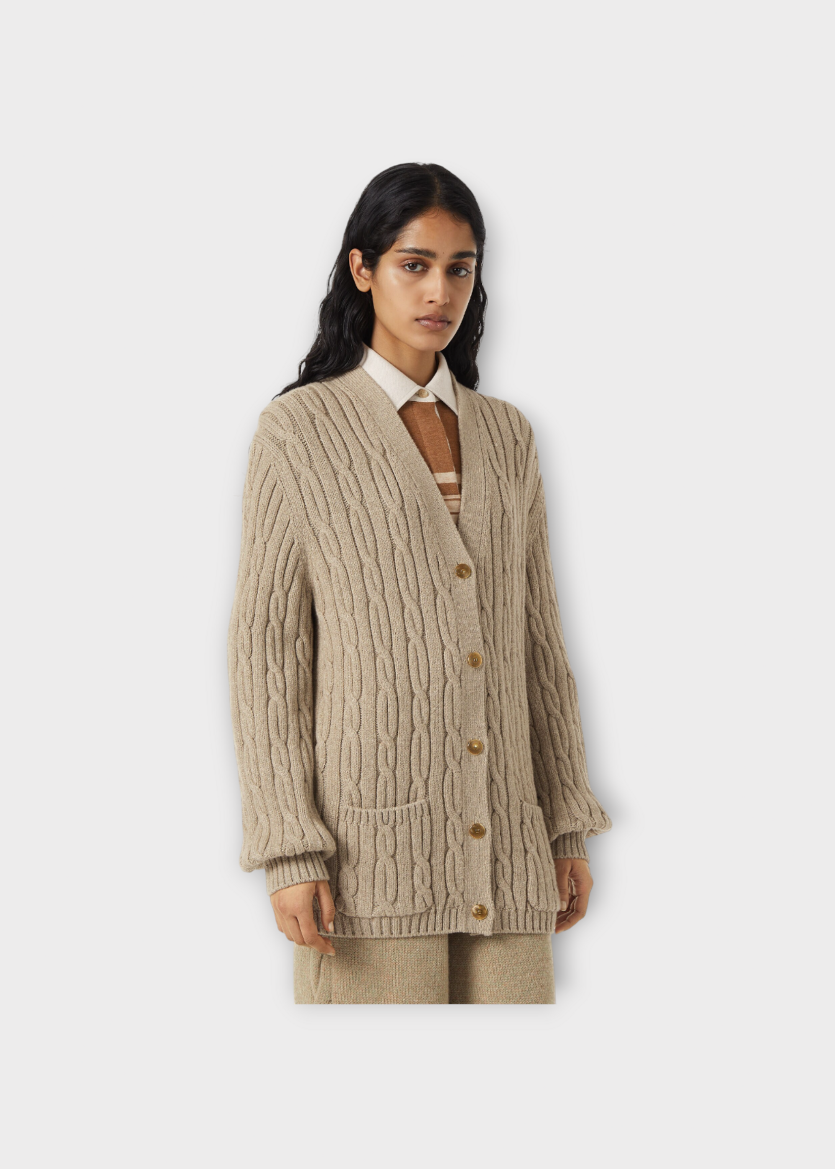 Loro Piana Loro Piana Knitwear, Beige, Napier Firefly Cashmere Mix Braided V-Neck Cardigan In Moon Craters w/ Patch Pockets