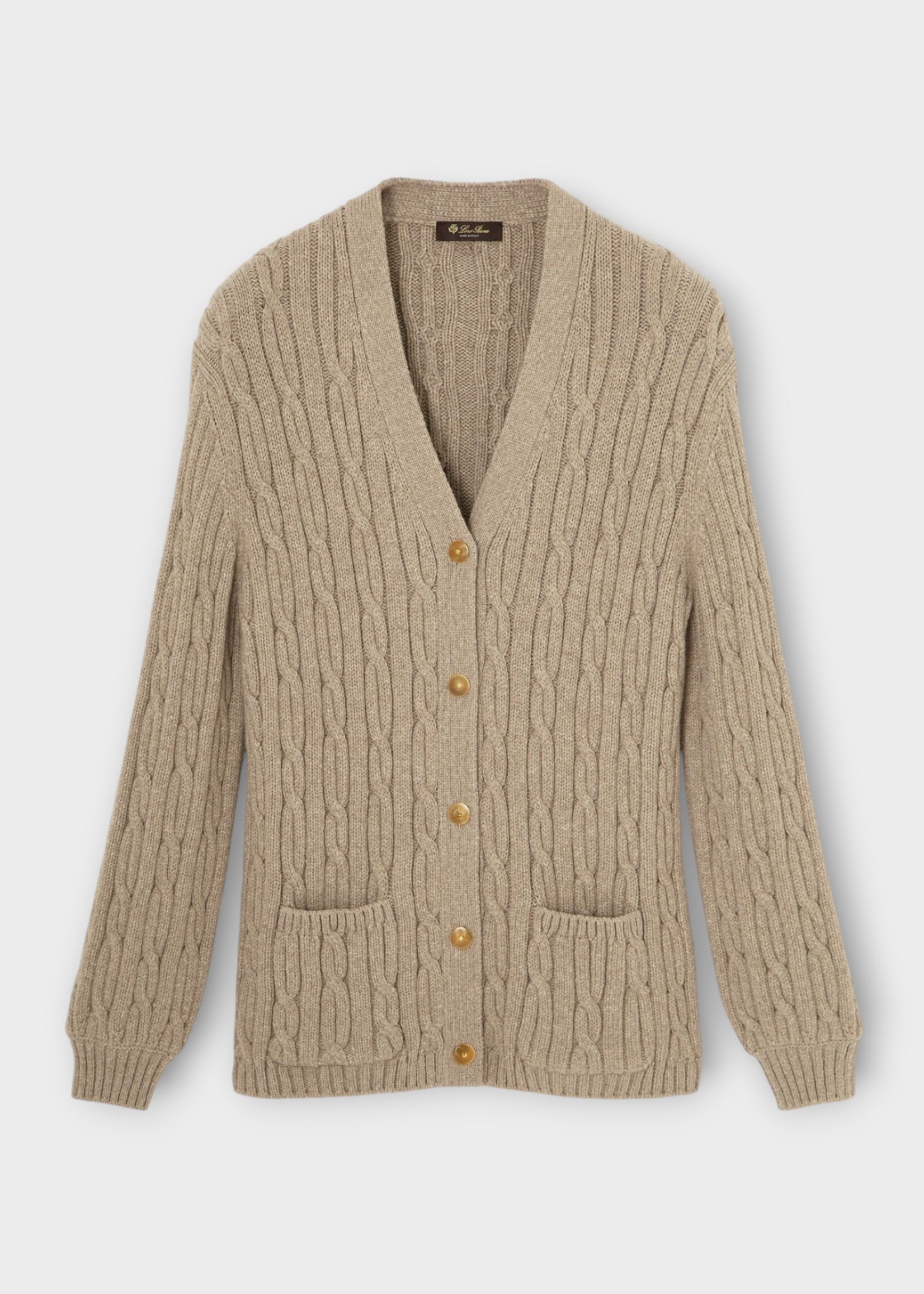Loro Piana Loro Piana Knitwear, Beige, Napier Firefly Cashmere Mix Braided V-Neck Cardigan In Moon Craters w/ Patch Pockets