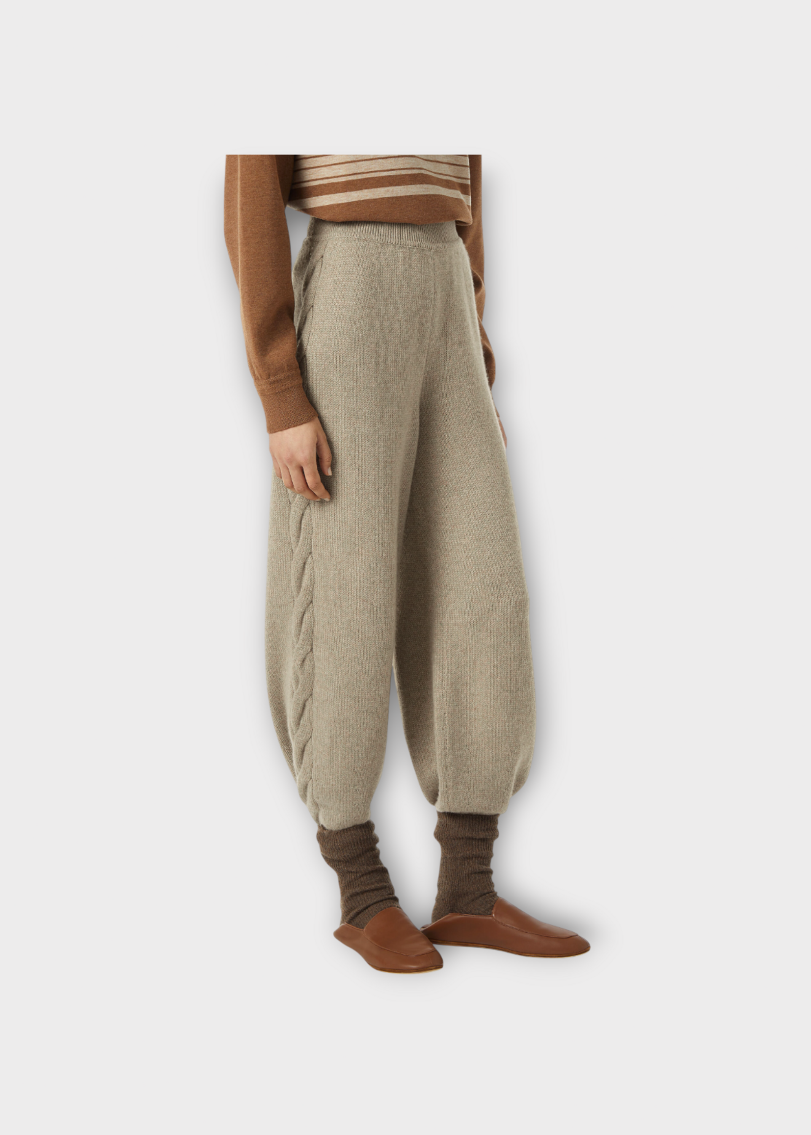 Loro Piana Loro Piana Trousers, Beige, Napier Baby Cashmere Ribbed Waistband Pants In Rose Escape w/ Tonal Cable Detail