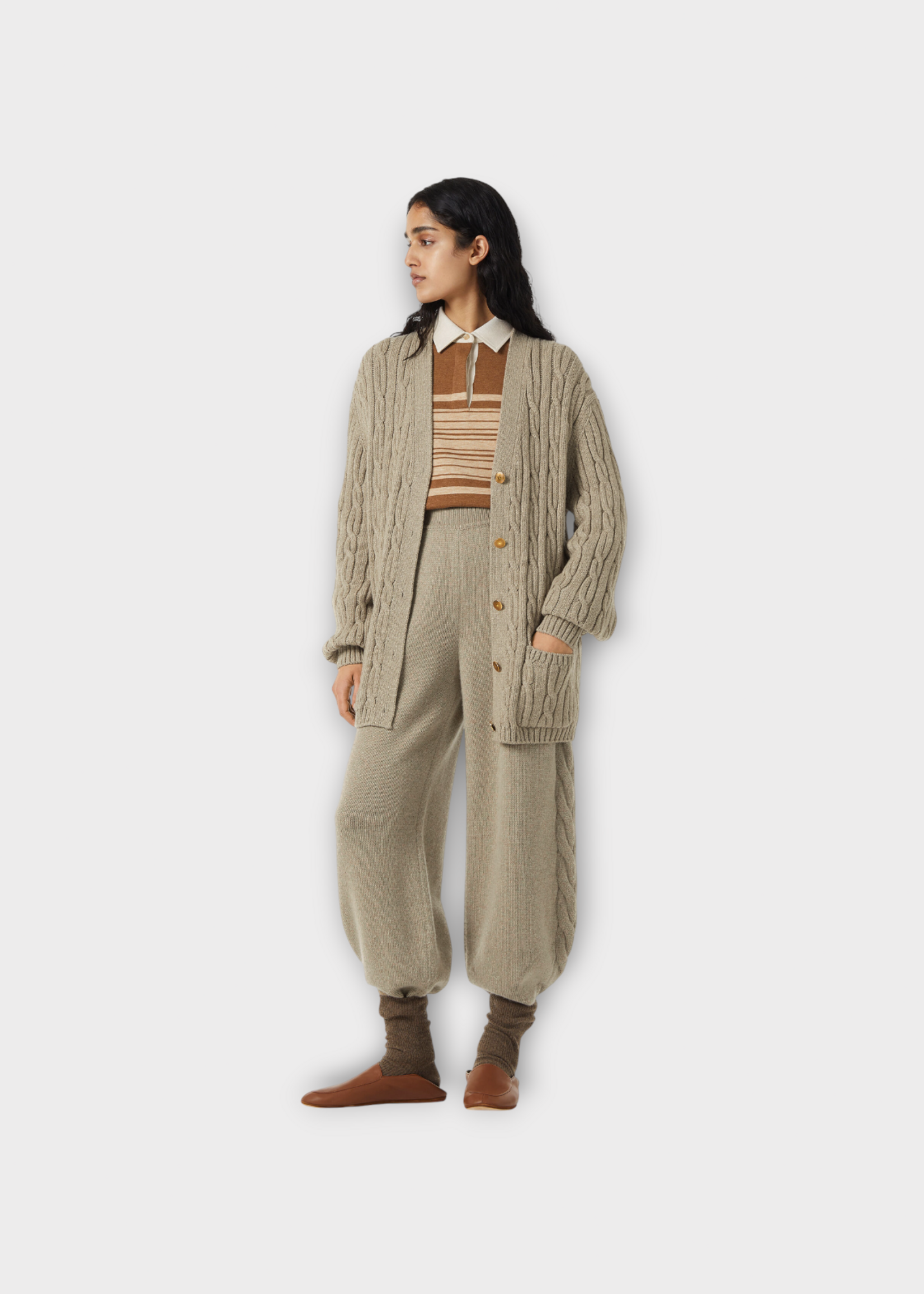 Loro Piana Loro Piana Trousers, Beige, Napier Baby Cashmere Ribbed Waistband Pants In Rose Escape w/ Tonal Cable Detail
