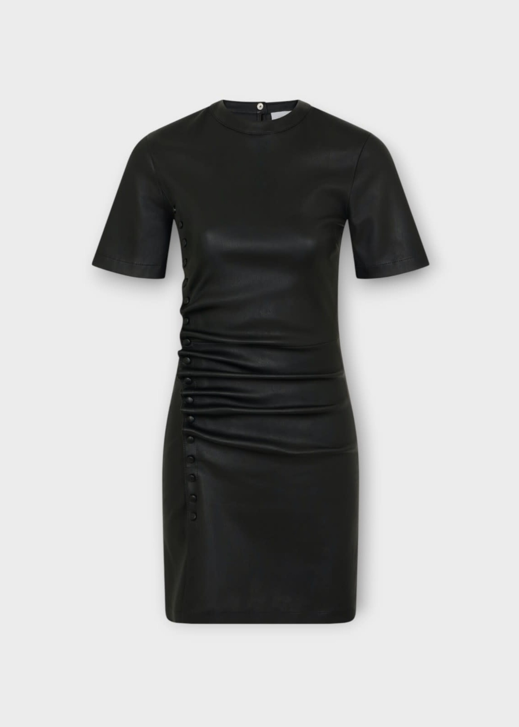 Rabanne Rabanne Dress, Black, Lambskin Crew Neck Short Sleeve Mini Dress In Black w/ Snap Button Details