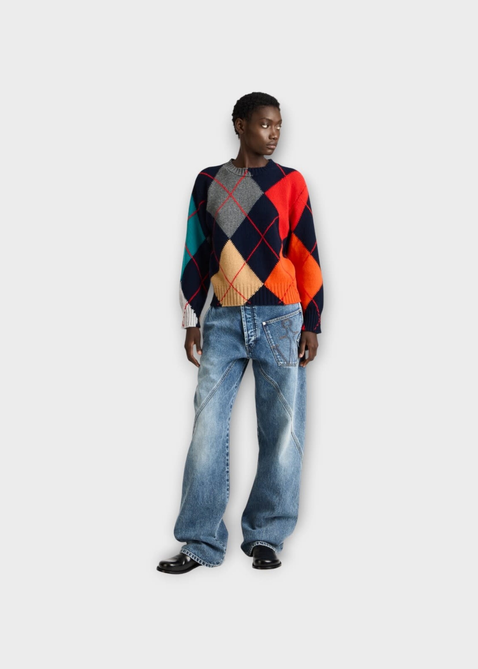 J.W. Anderson J.W. Anderson Knitwear, Navy, Lambswool Crew Neck Jumper In Navy & Multicolour X Pringle