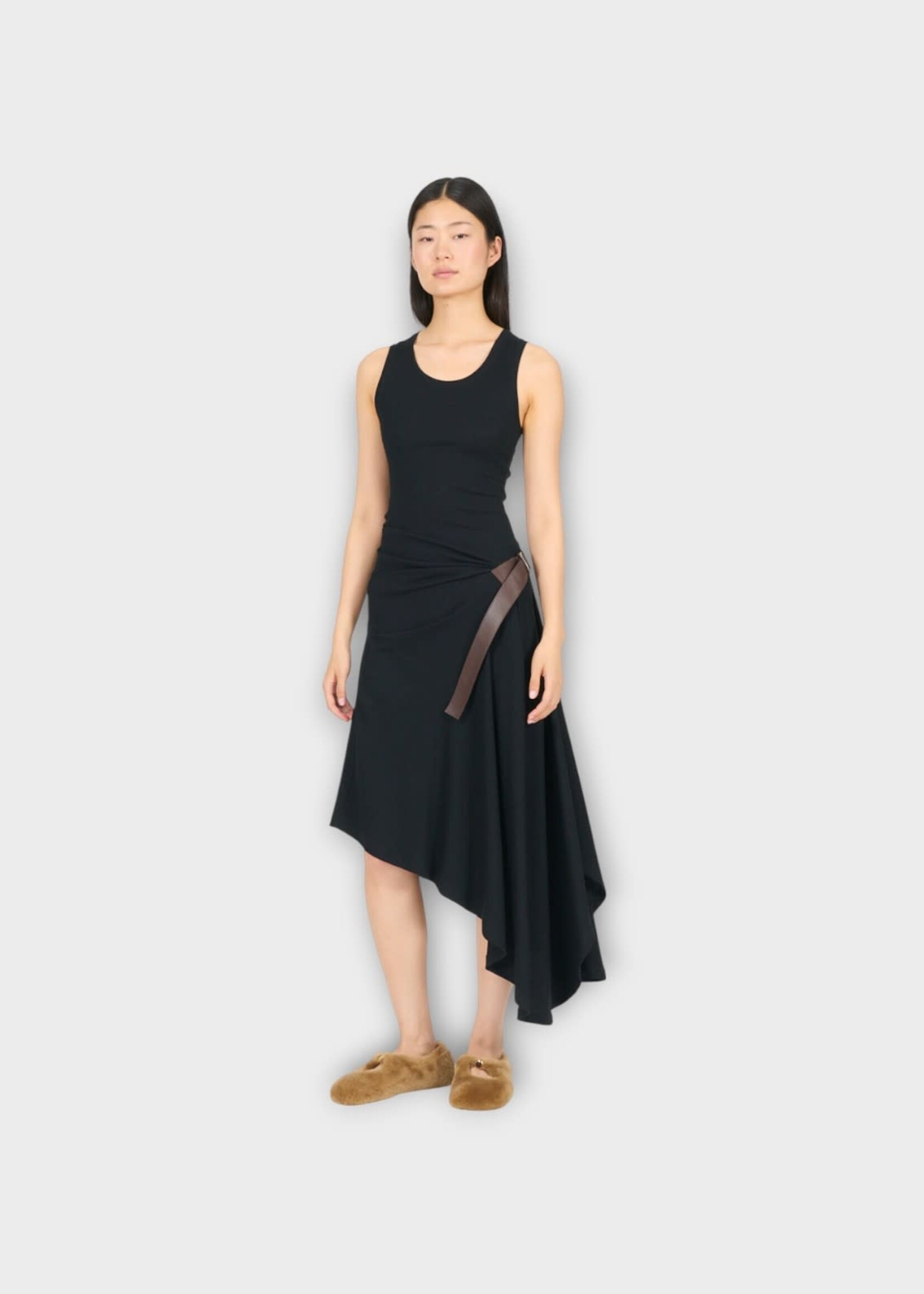 Loewe Loewe Dress, Black, Tank Asymmetric Draped Dress In Black w/ Side Leather Belt