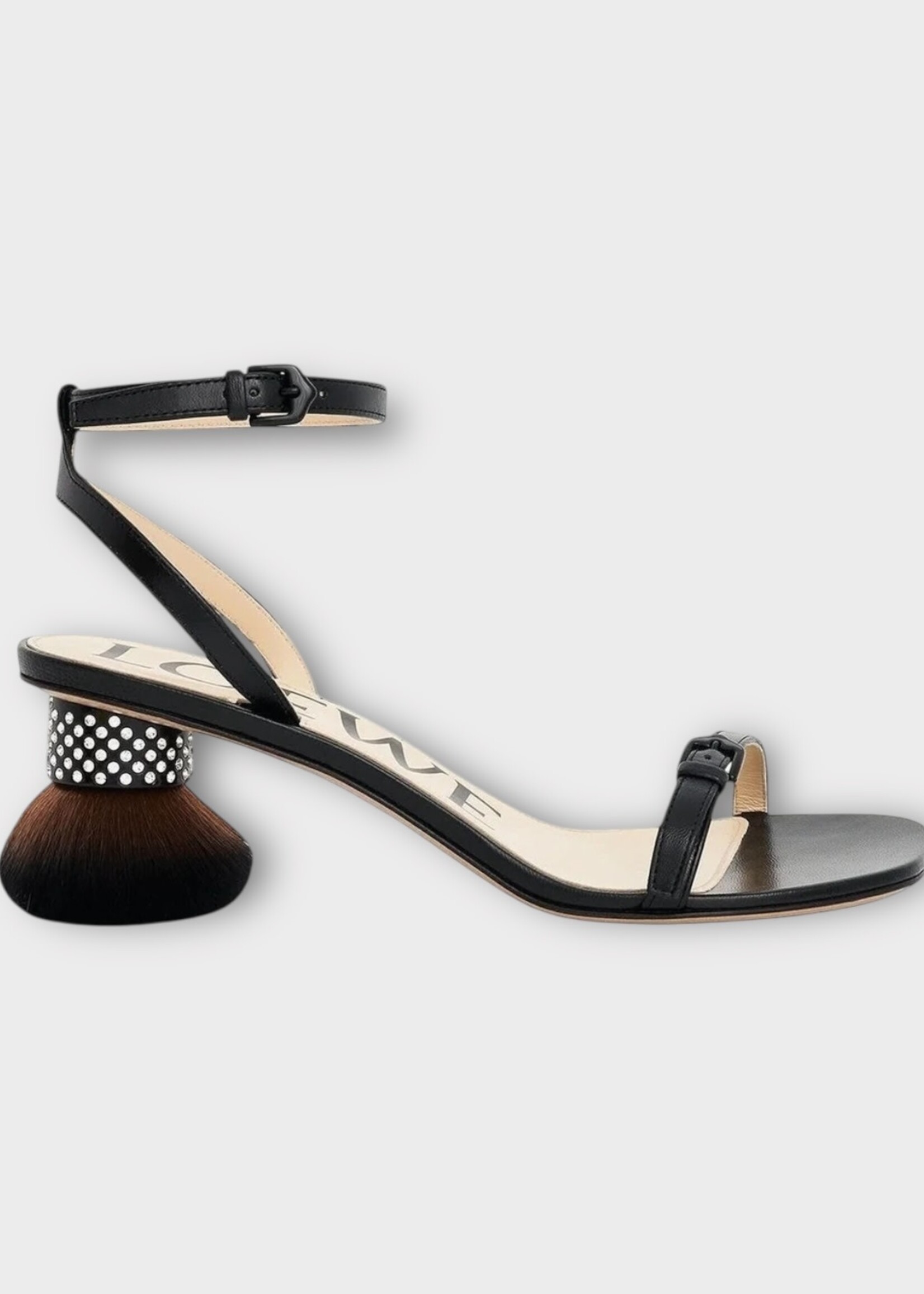 Loewe Loewe Heels, Black, Lambskin Open Toe Sandals w/ Petal Brush Heel & Rhinestones
