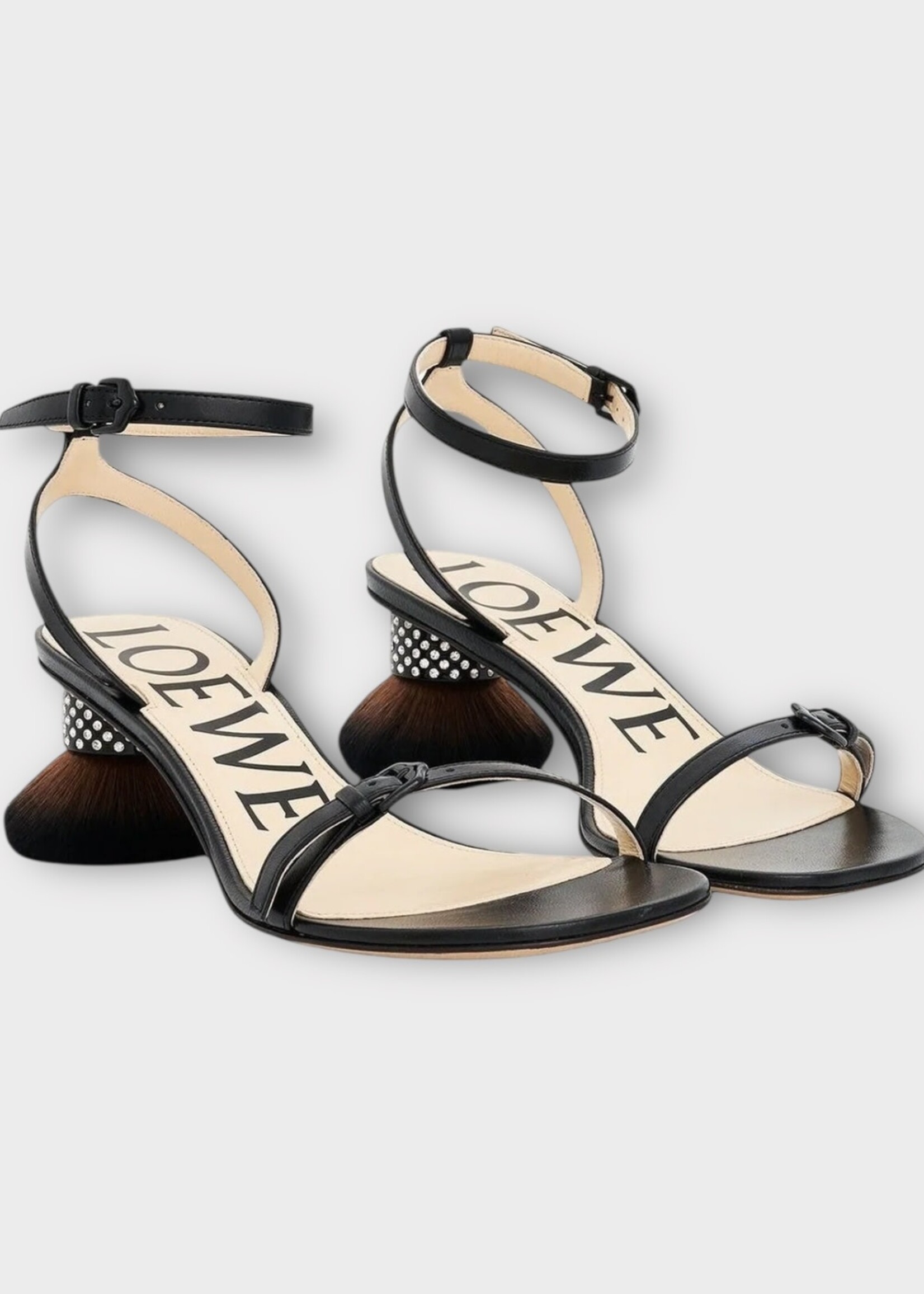 Loewe Loewe Heels, Black, Lambskin Open Toe Sandals w/ Petal Brush Heel & Rhinestones