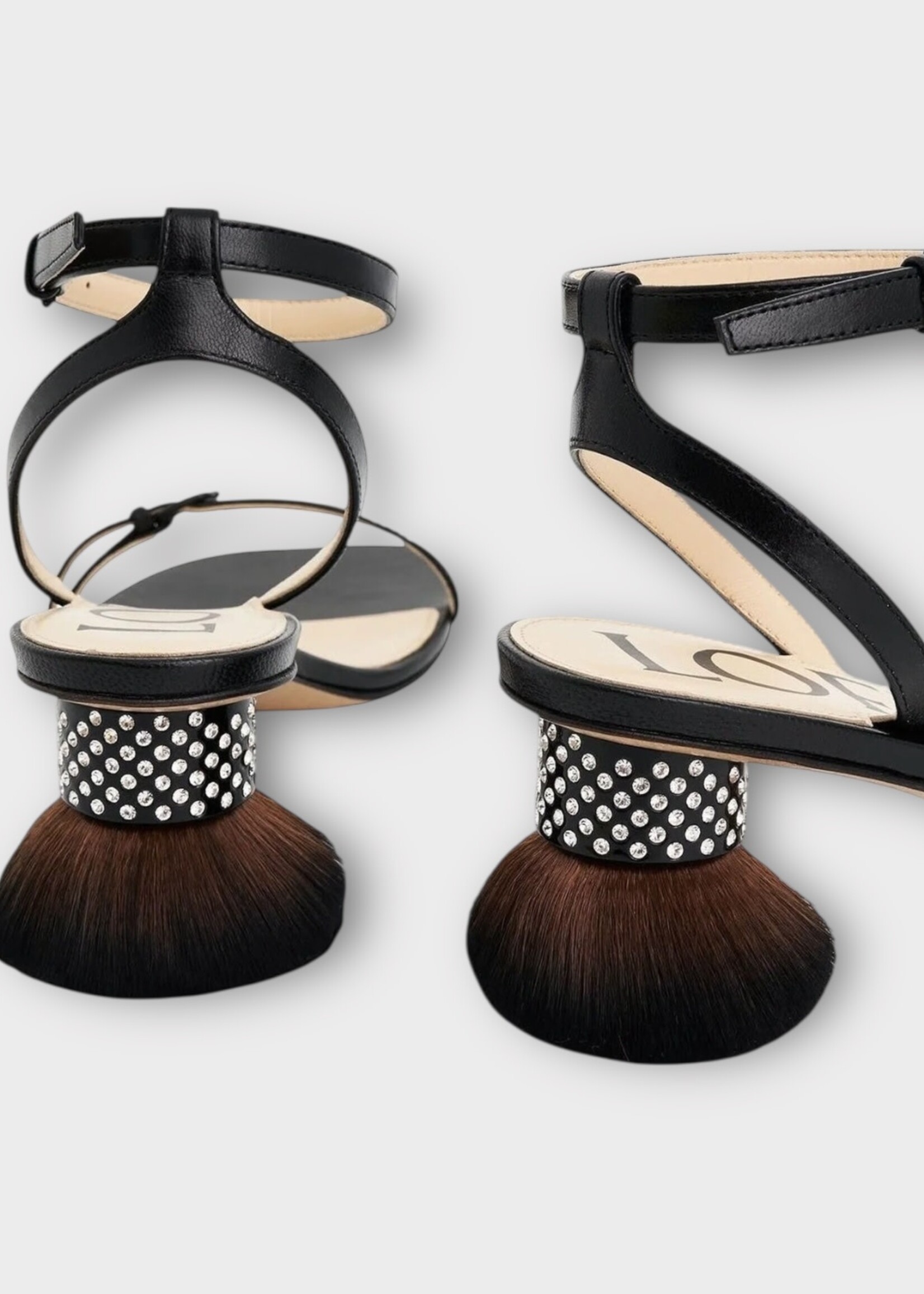 Loewe Loewe Heels, Black, Lambskin Open Toe Sandals w/ Petal Brush Heel & Rhinestones