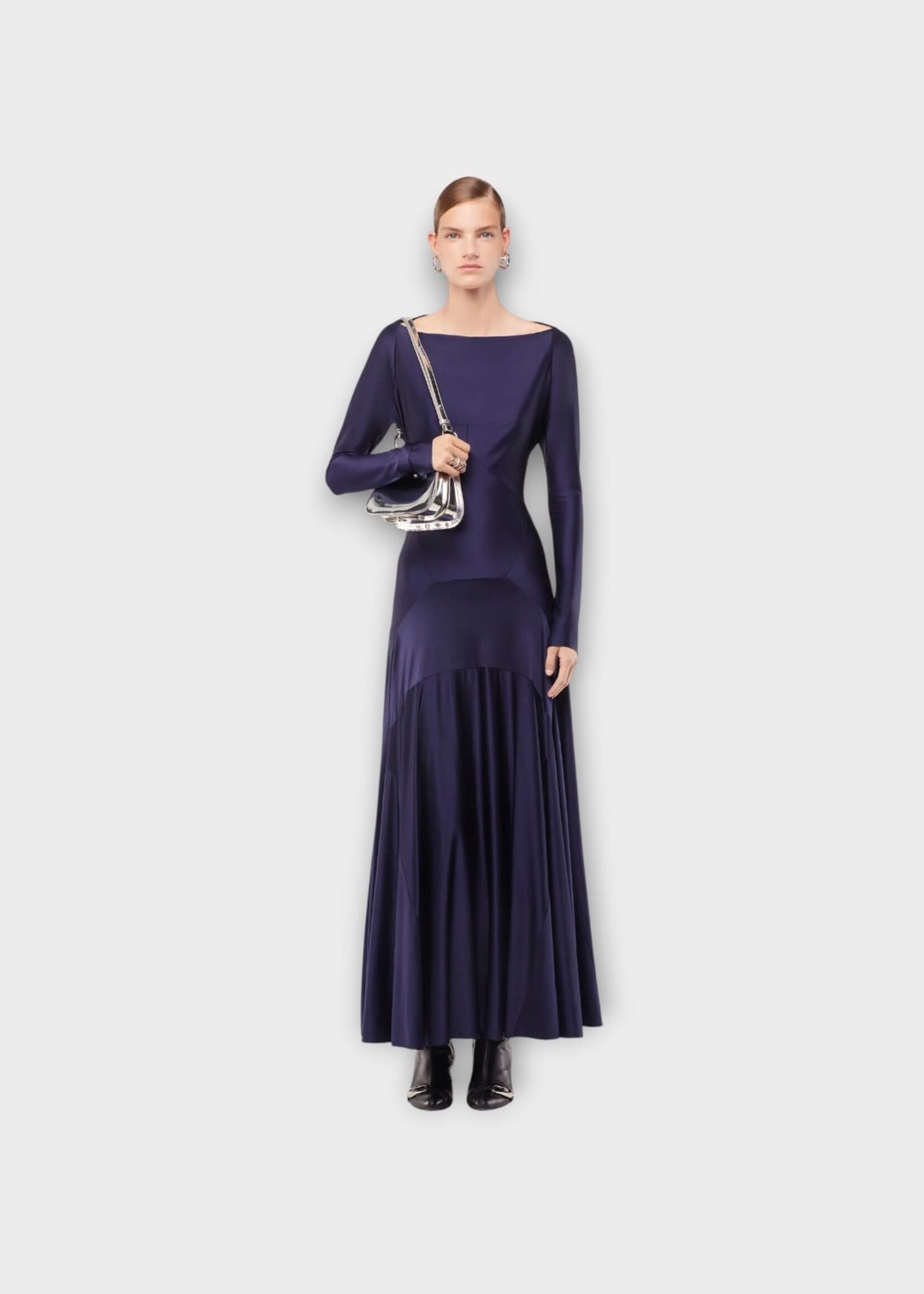 Rabanne Rabanne Dress, Navy, Crew Neck Long Sleeve Long Dress In Deep Navy w/ Godet Details