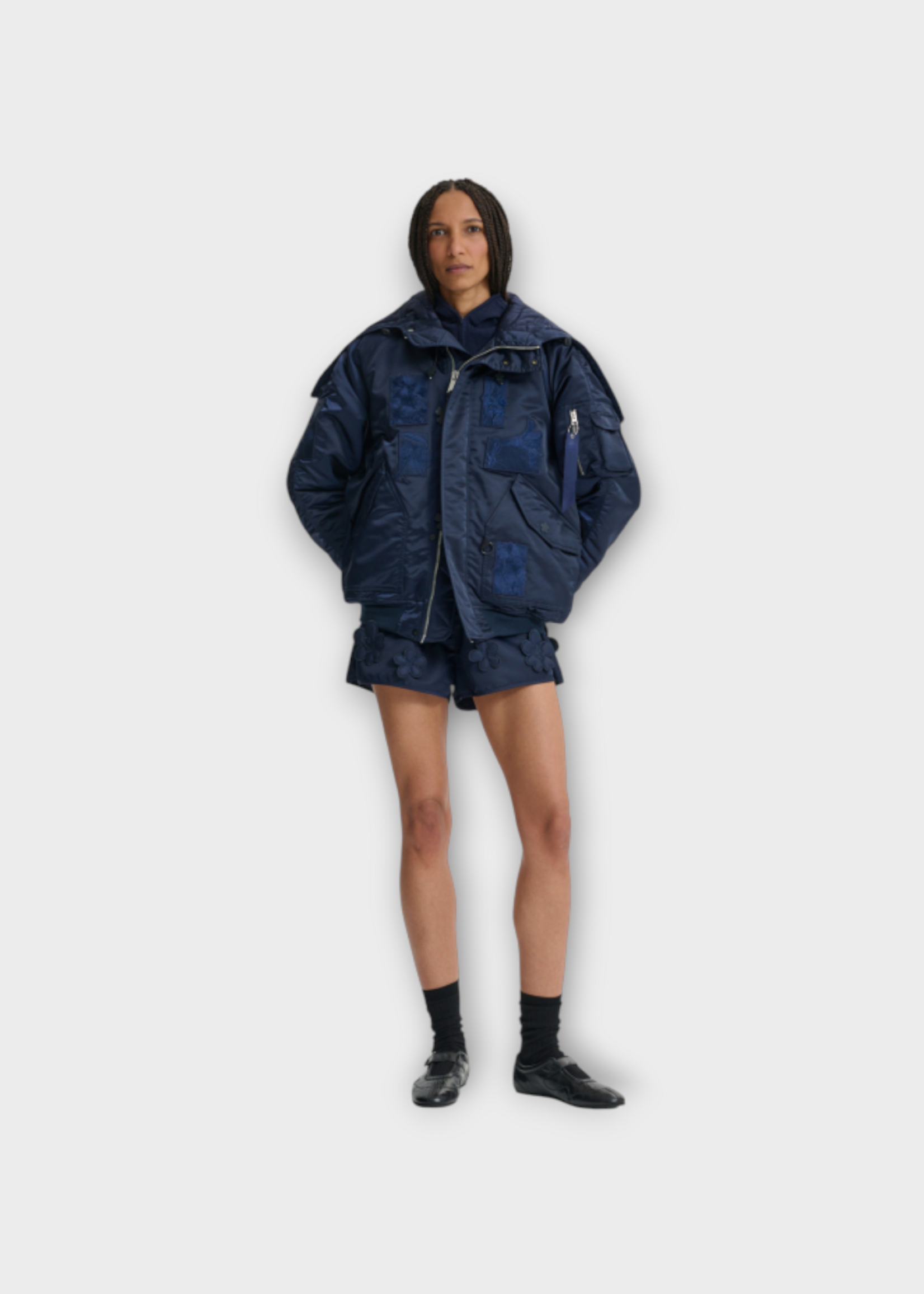 Cecilie Bahnsen Cecilie Bahnsen Jacket, Navy, Alpha X CB Nylon Hooded Short Jacket In Navy w/ Patches