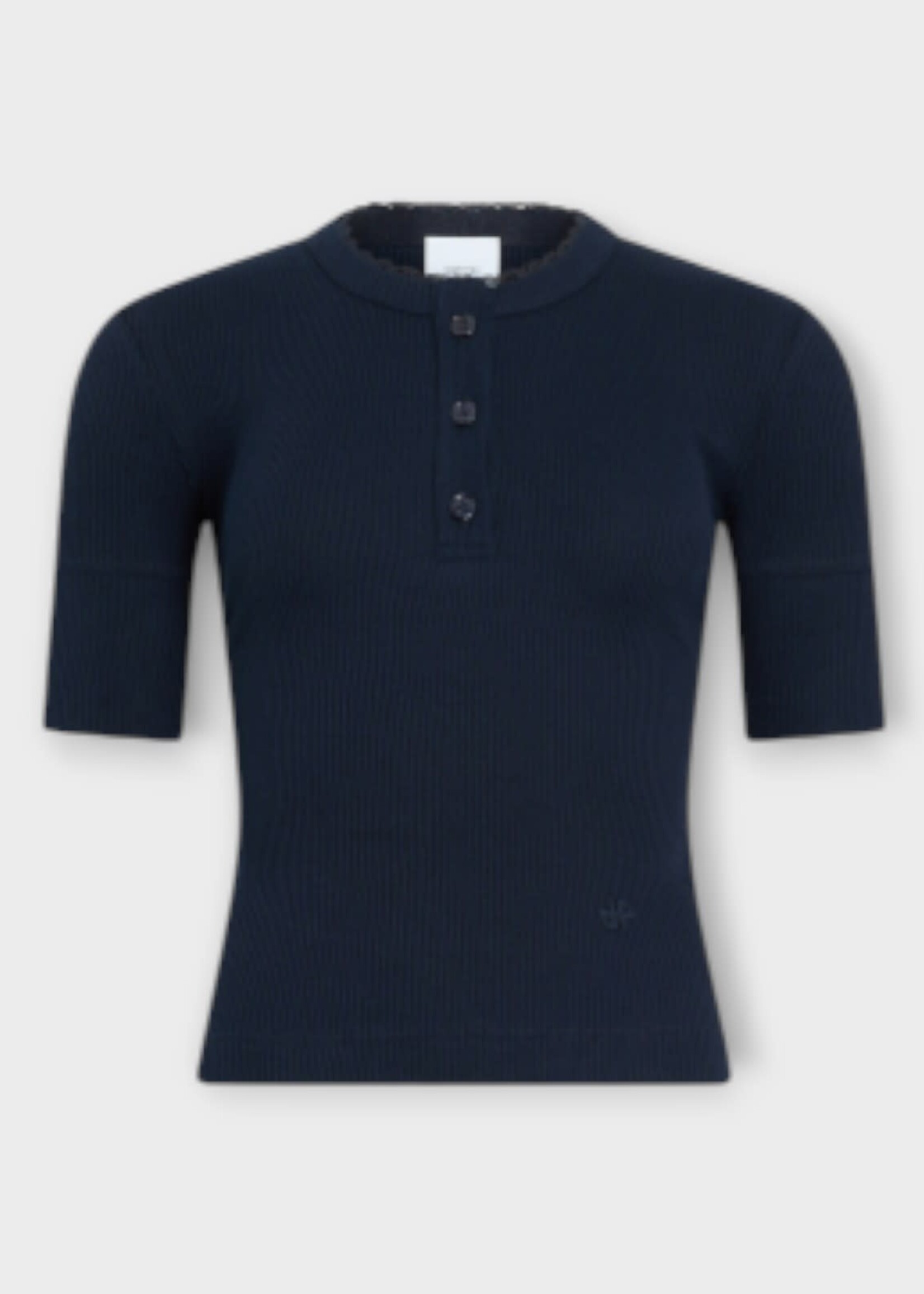 Patou Patou T-Shirt, Blue, Crew Neck Buttoned Ribbed T Shirt In Deep Sea Blue