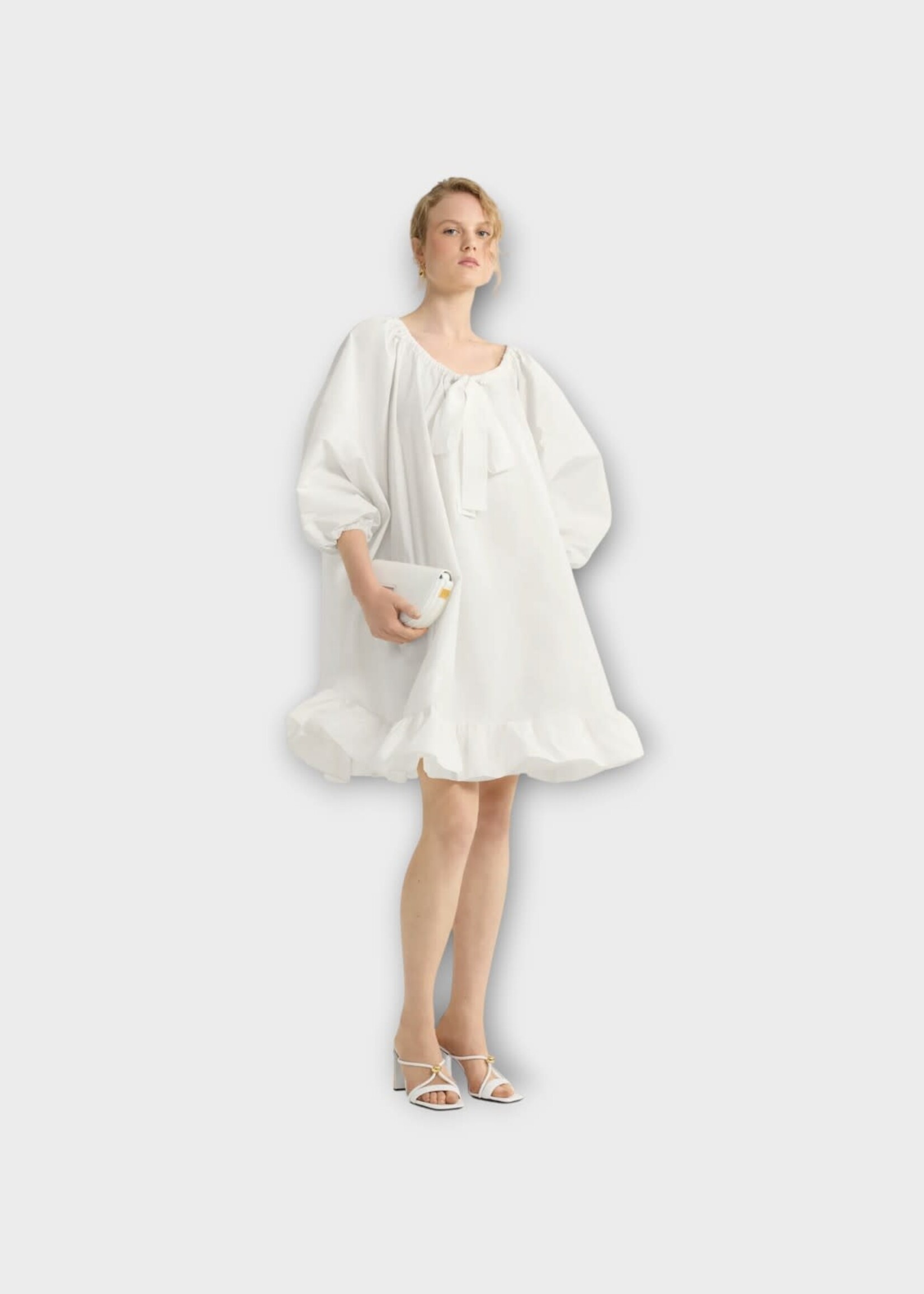 Patou Patou Dress, White, Cotton Long Puffed Sleeves Frill Dress In White