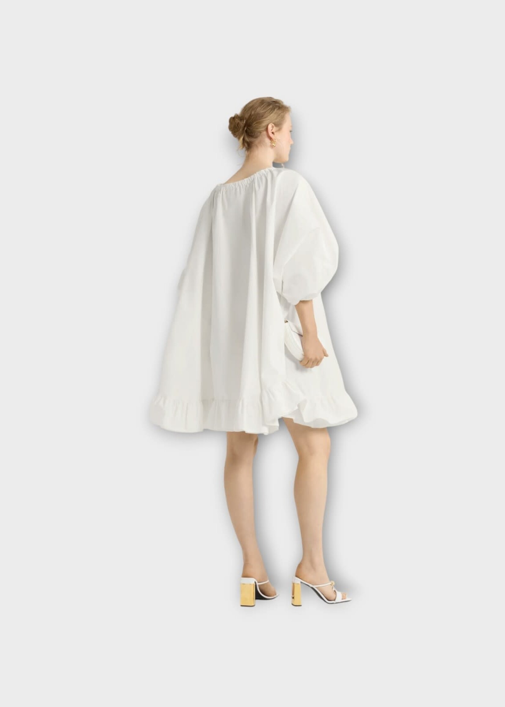 Patou Patou Dress, White, Cotton Long Puffed Sleeves Frill Dress In White