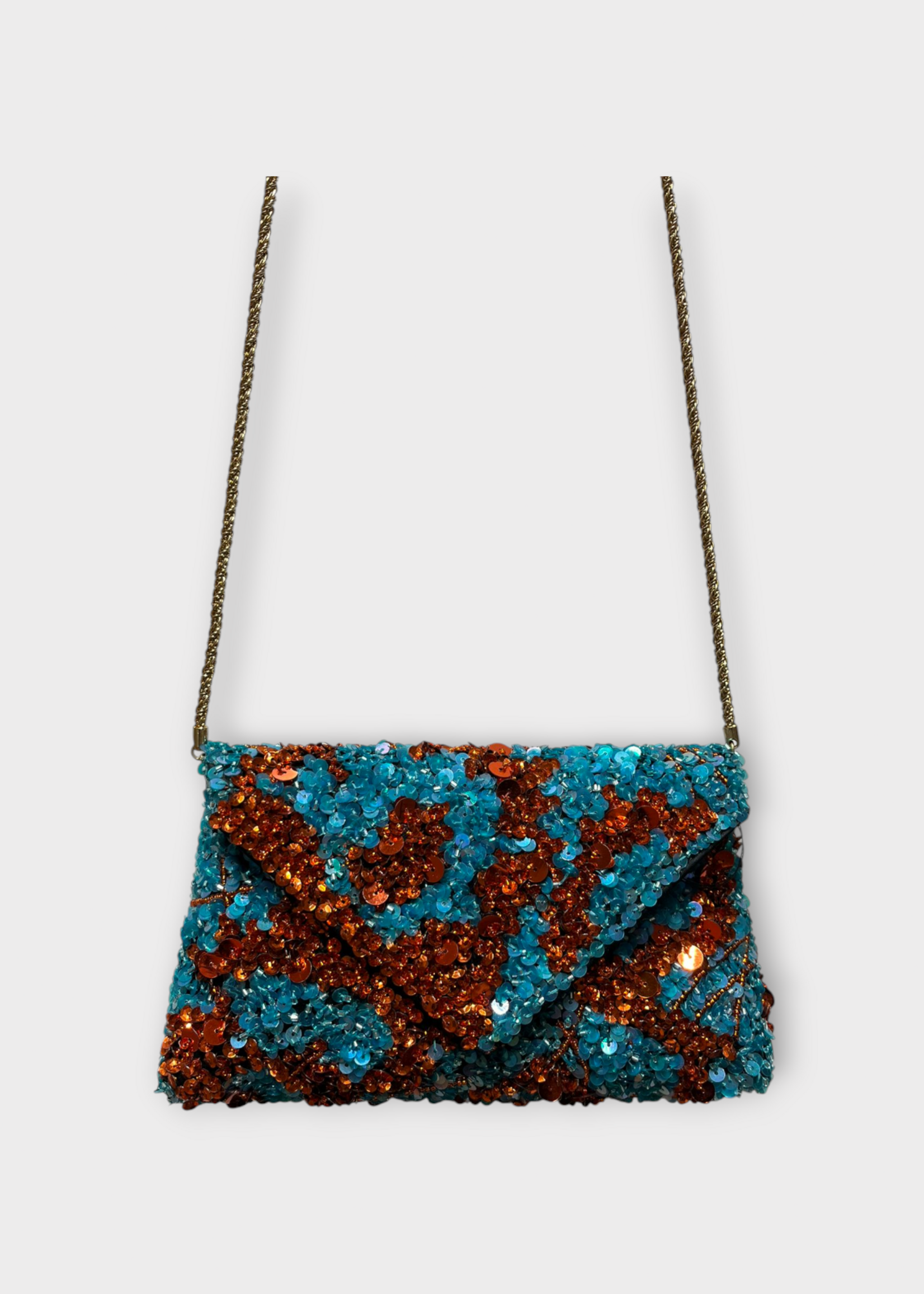 Dries Van Noten Dries Van Noten Bag, Multi, Embroidered Envelop Bag in Turquoise & Brown w/ Shoulder Strap